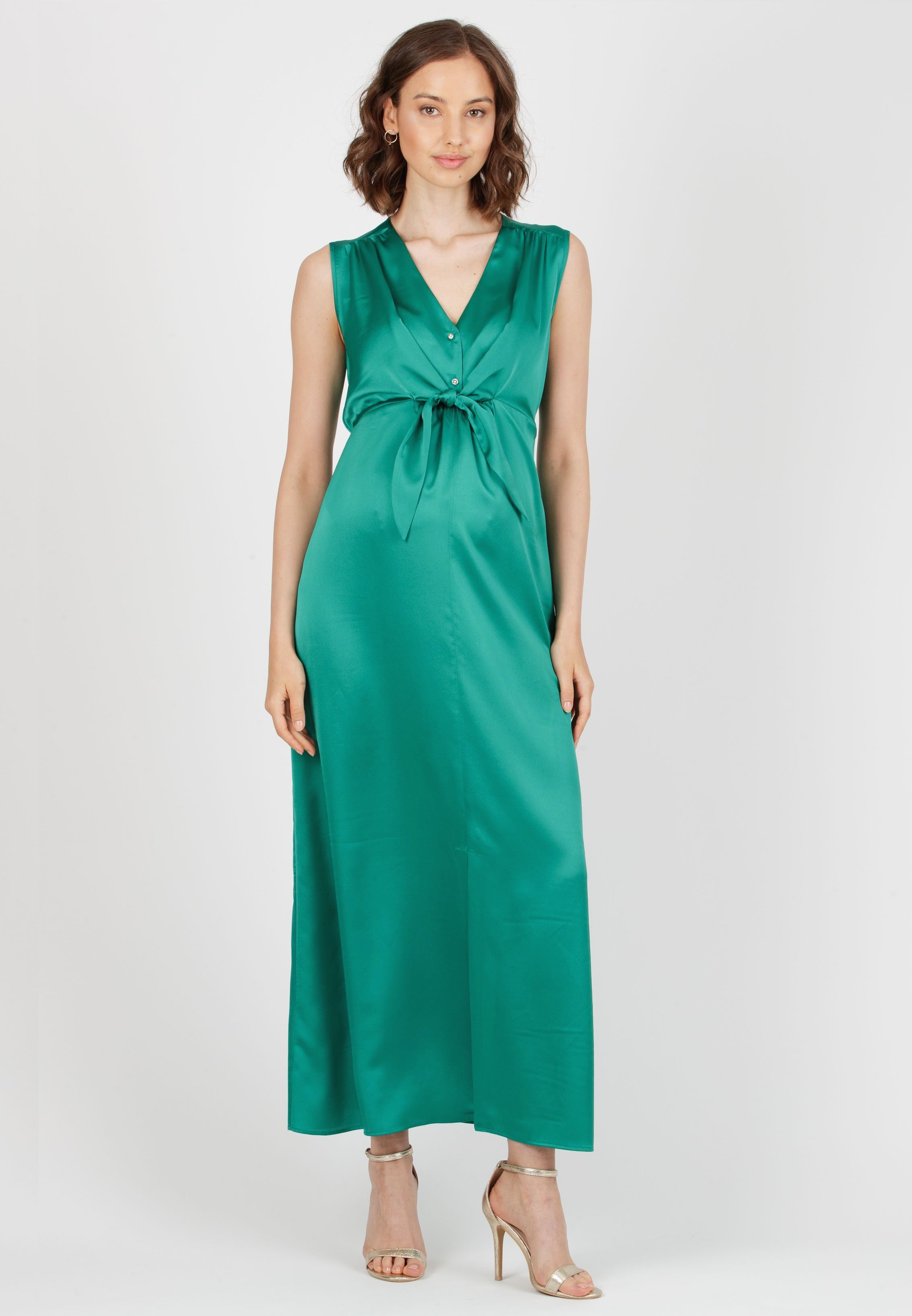 BELEN MAXI - Satin Maternity & Nursing Maxi Dress (Melange Green, XS)