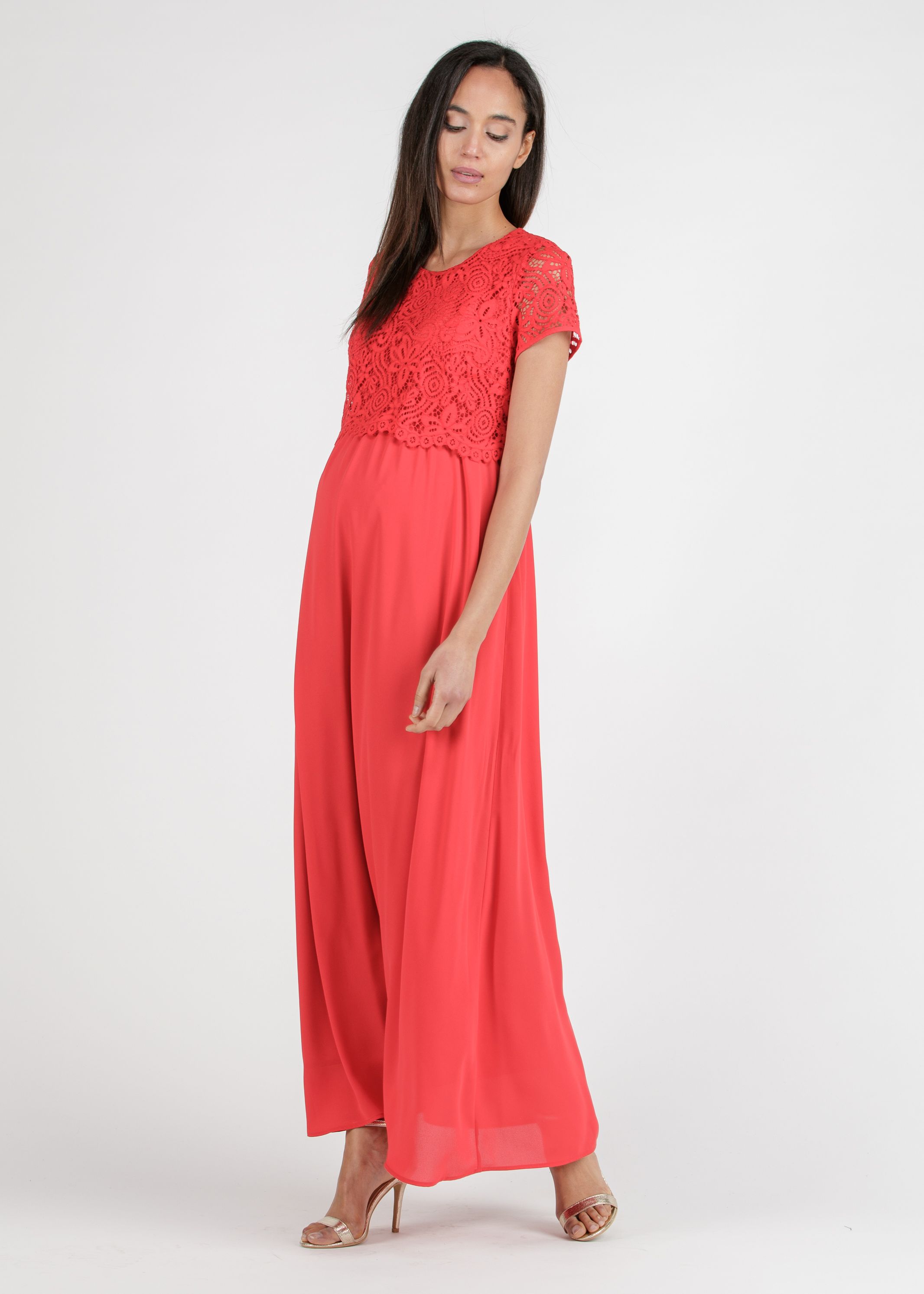 AURORA MAXI - Embroidered Long Maternity & Nursing Dress in Lace (Red, XS)
