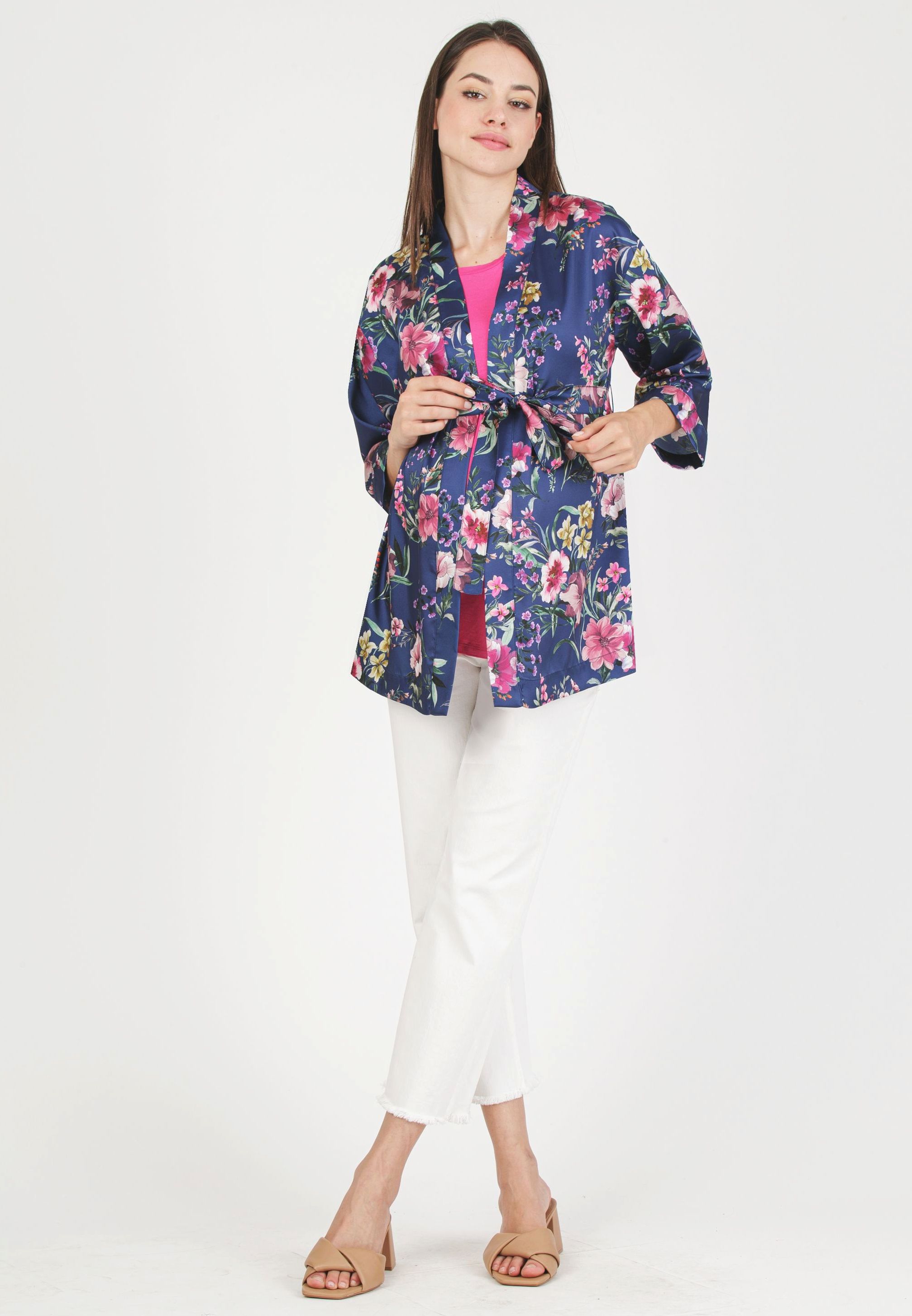 DALIA F - Maternity Kimono in Printed Satin (Blu)