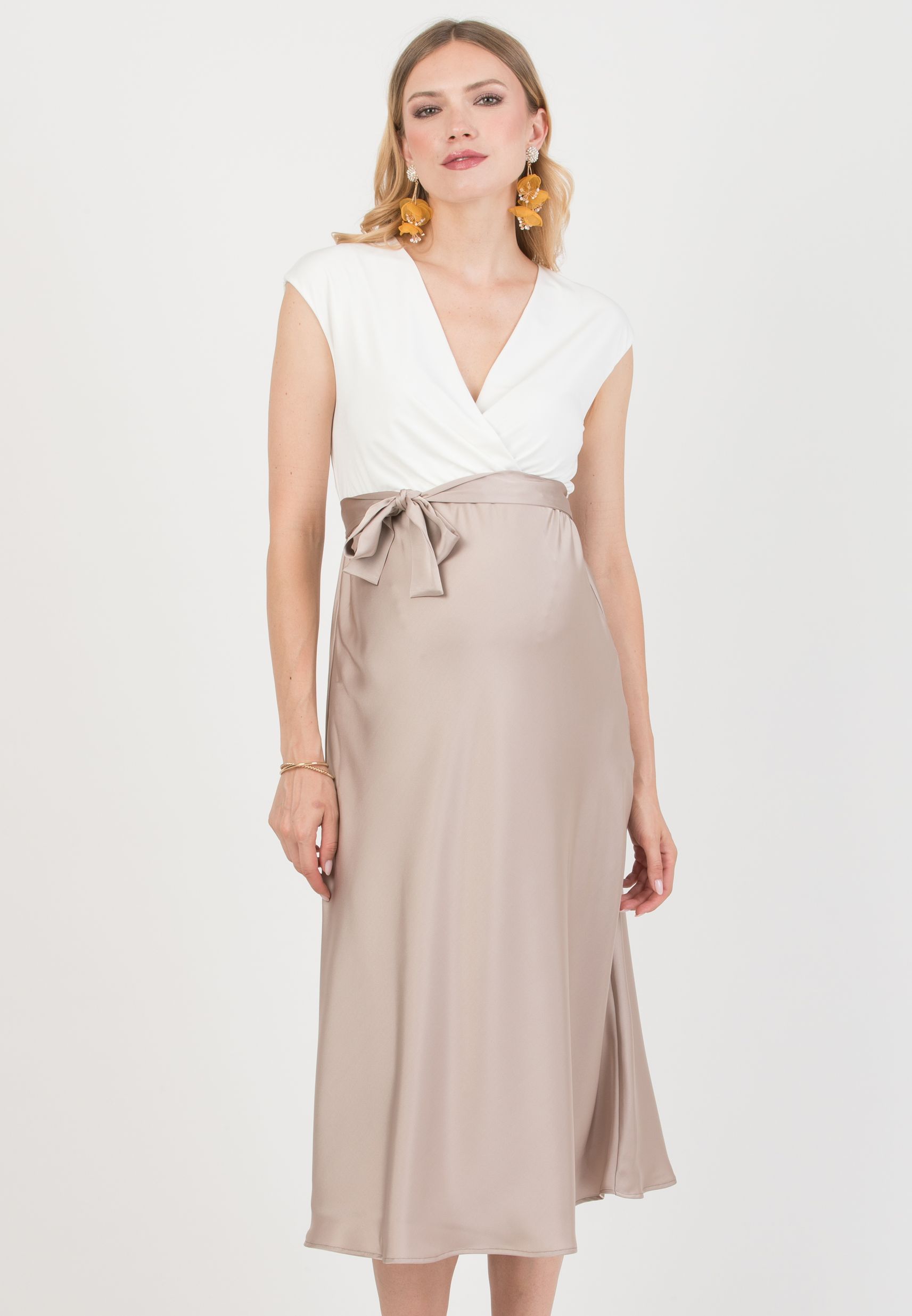 DILETTA – Maternity & Nursing Dress with Crossover Bodice and Satin Skirt (Corda)