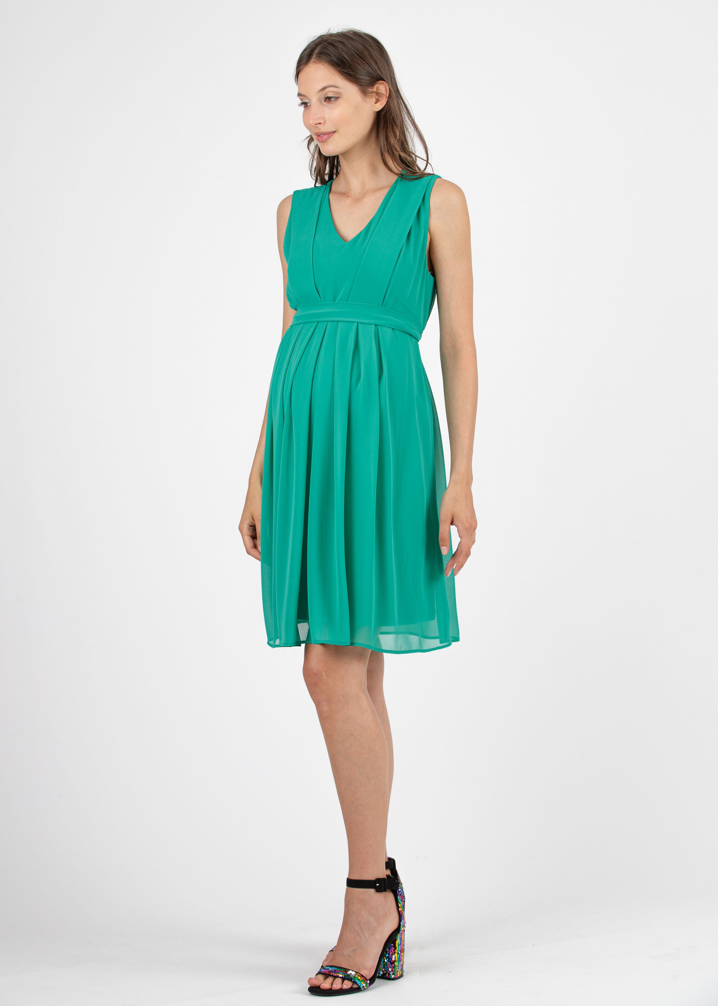 SABRY GRS - Recycled Polyester Maternity & Nursing Dress with Pleated Bodice (Sage Green, XS)