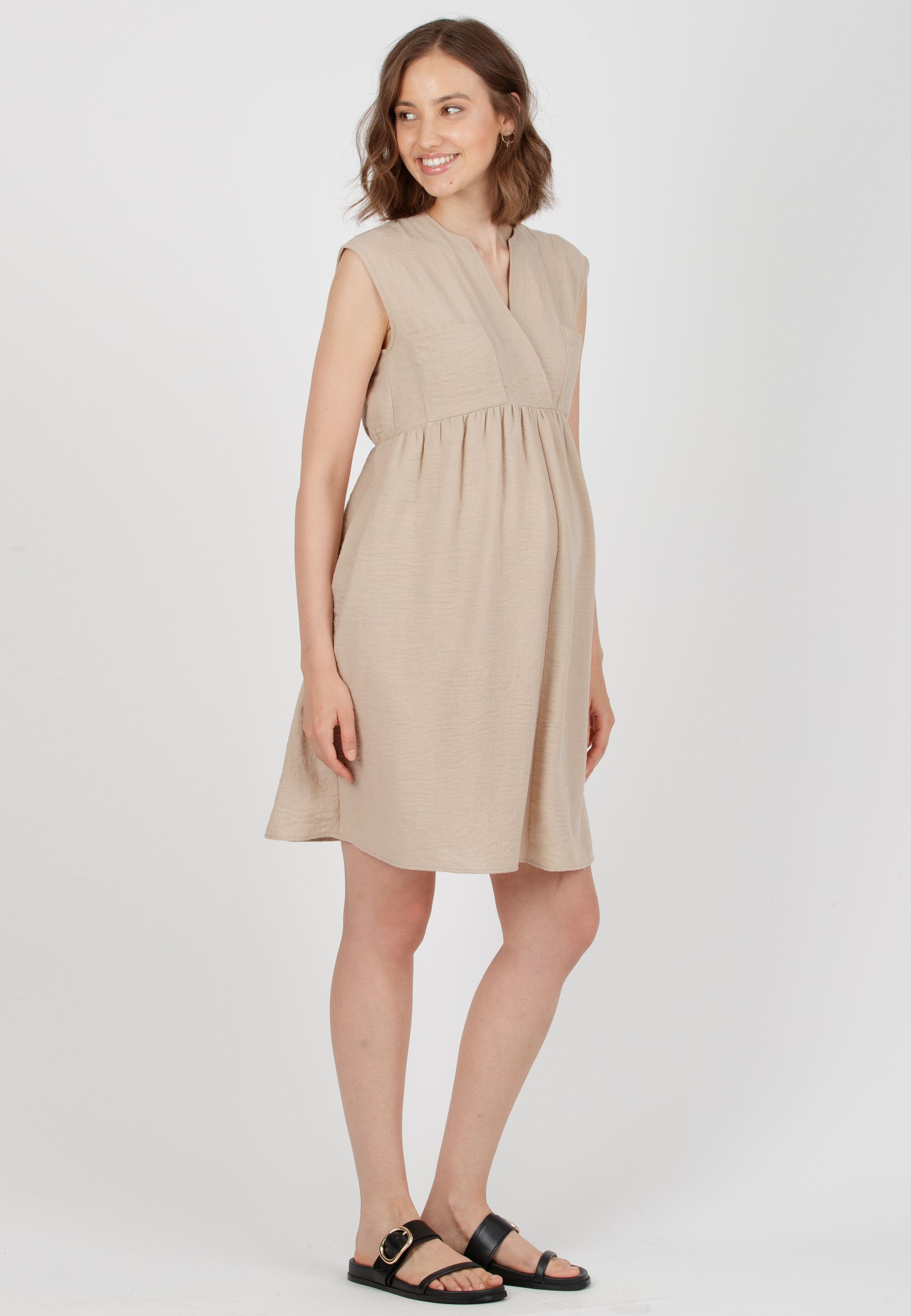 HARPER - Maternity & Nursing Dress with Pockets on Bodice (Beige, XS)