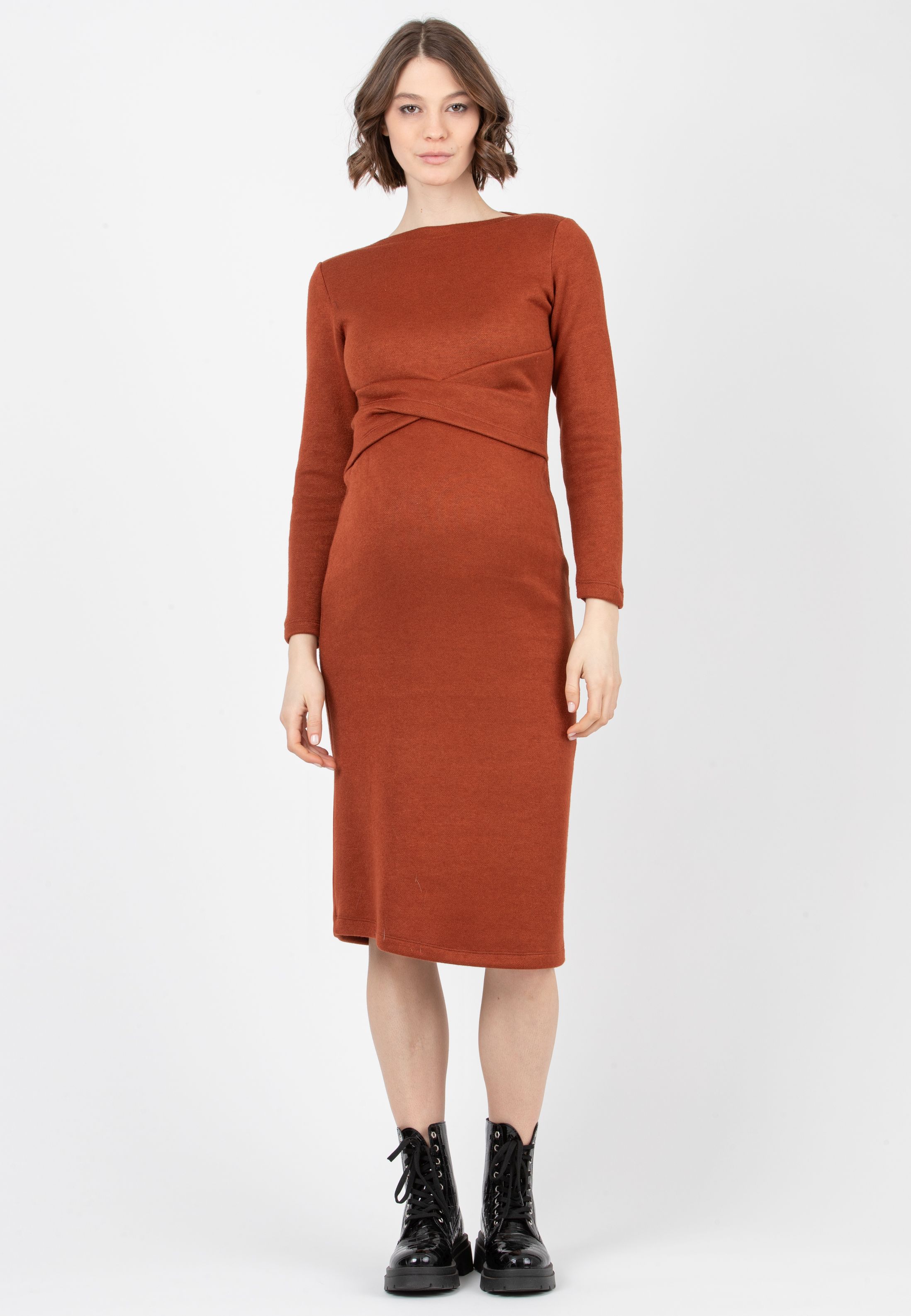 AMELIA - Maternity Midi Knit Dress with Waistband (Brick Red, XS)