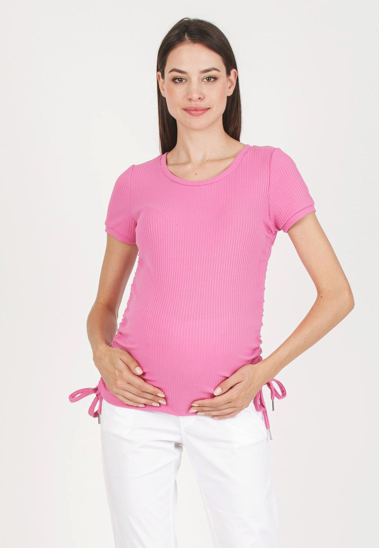 GIULIA M - Maglietta Premaman in Costina con Coulisse Laterali (Rosa, XS)