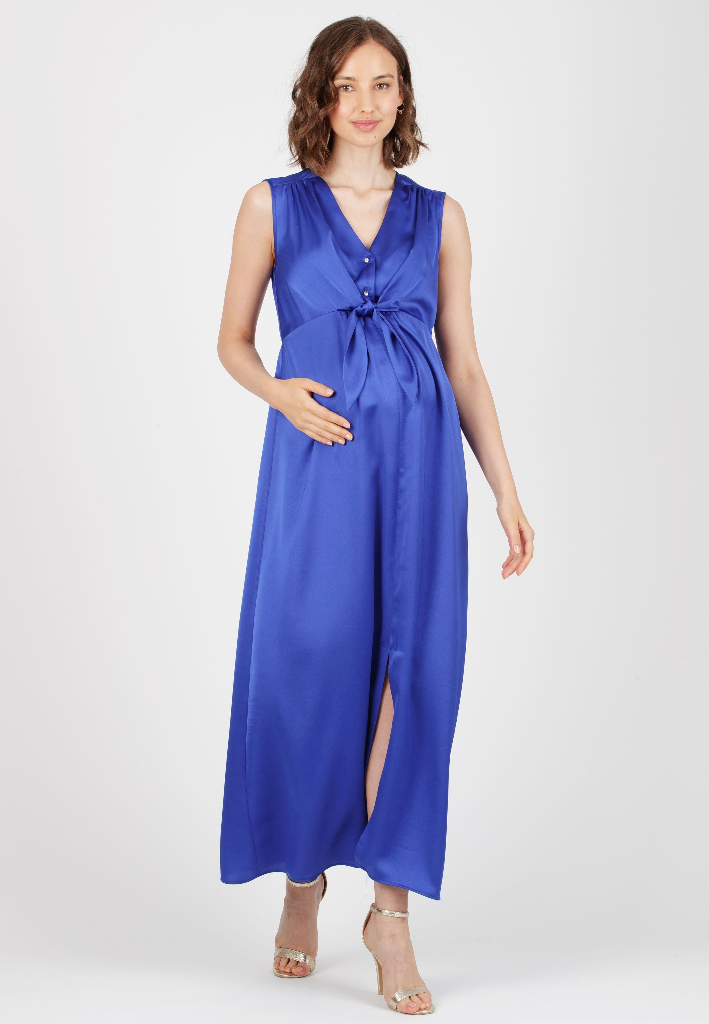 BELEN MAXI - Maxi Abito Premaman & Allattamento in Raso (Blu Cina, XS)