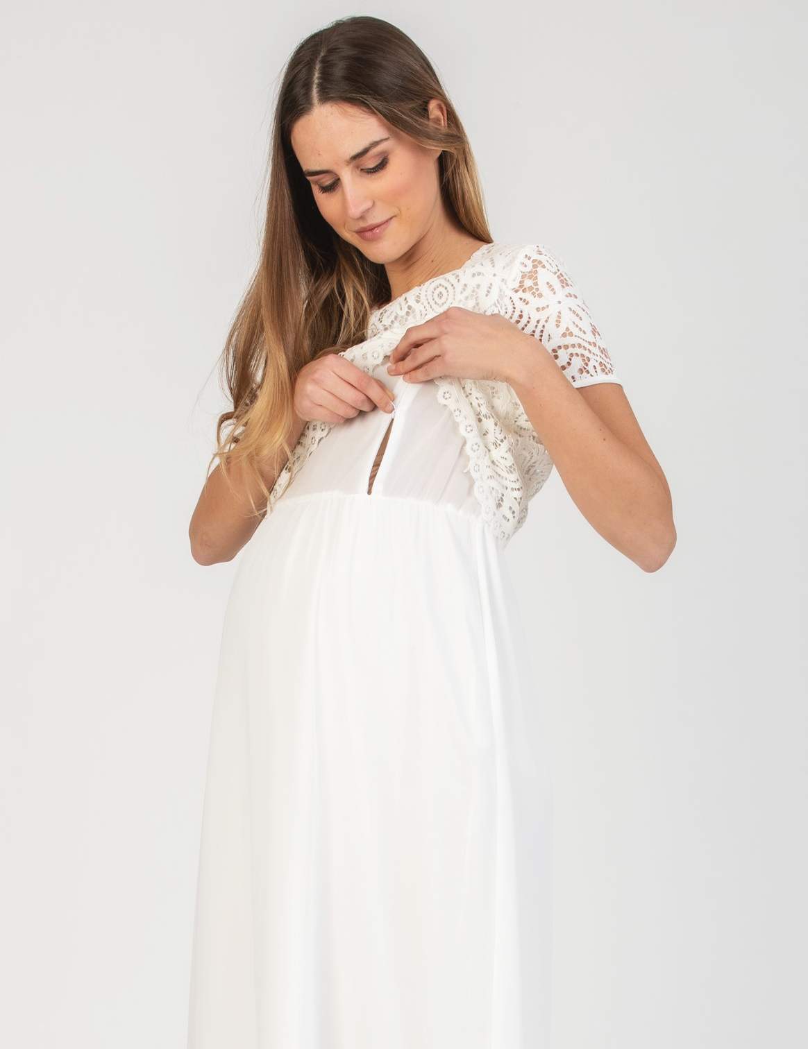 AURORA MAXI - Embroidered Long Maternity & Nursing Dress in Lace (Avorio)