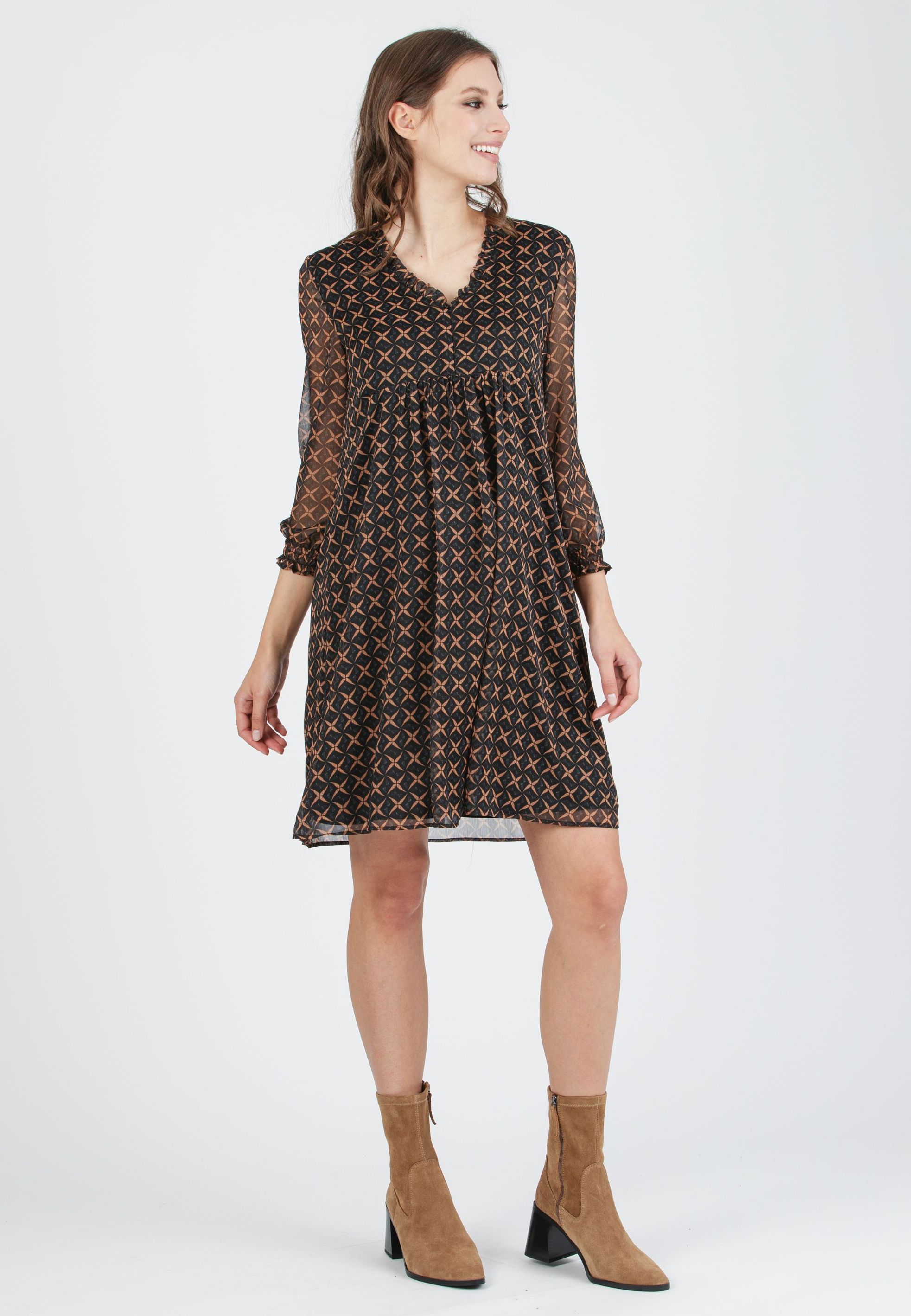 DIANA S - Abito Premaman & Allattamento in Chiffon Stampato con Volant sullo Scollo (Nero, XS)