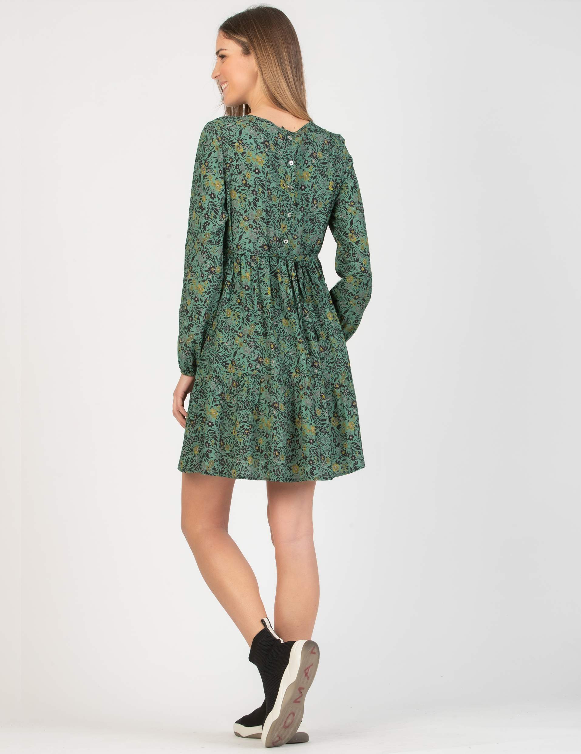 Abito Premaman con Balze e Bottoni sulla Schiena con Stampa Verde a Fiori (Verde, XS)