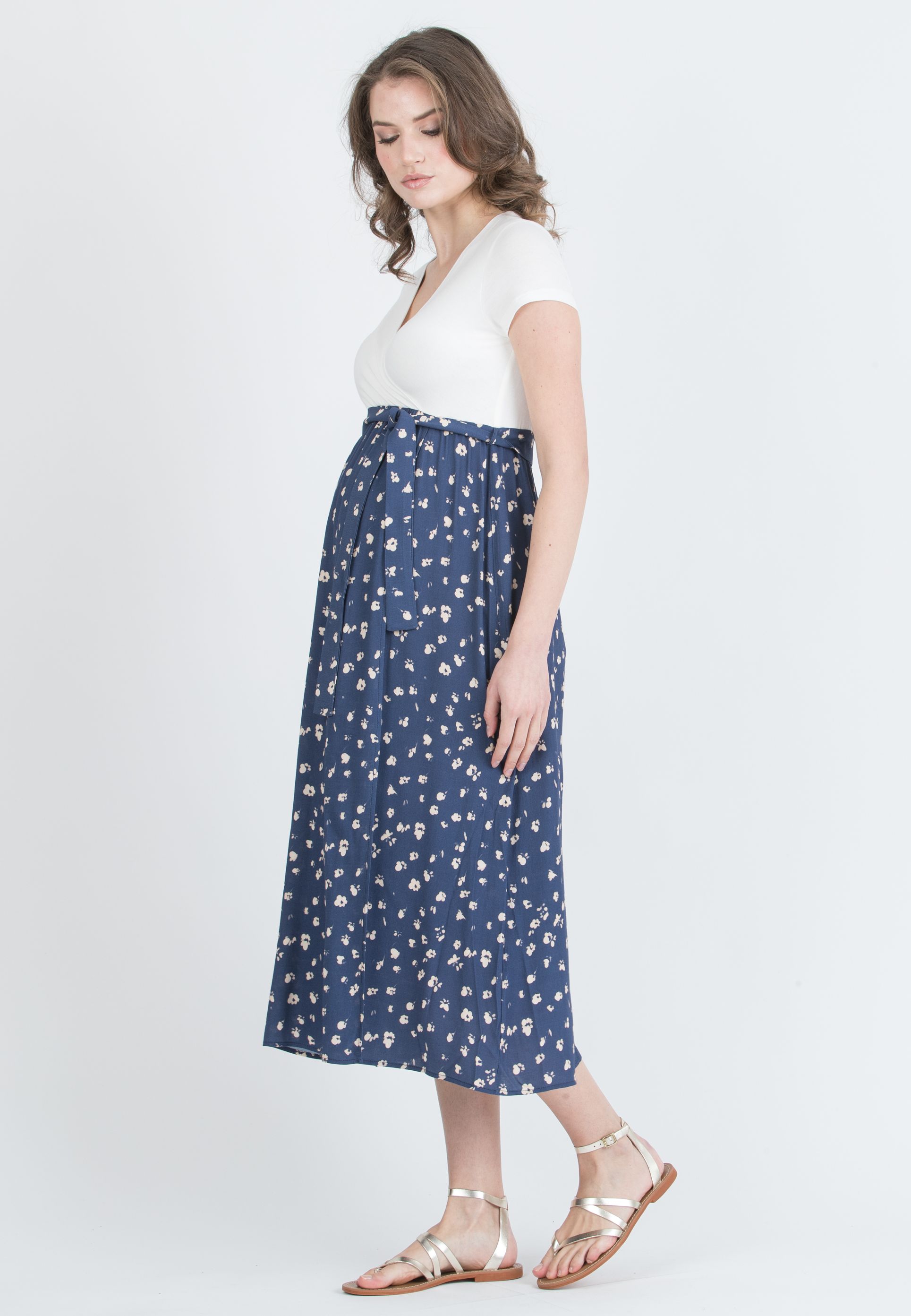 FEDERICA - Abito Midi Premaman con Scollo Incrociato e Gonna a Portafoglio in Viscosa (Blu, XS)