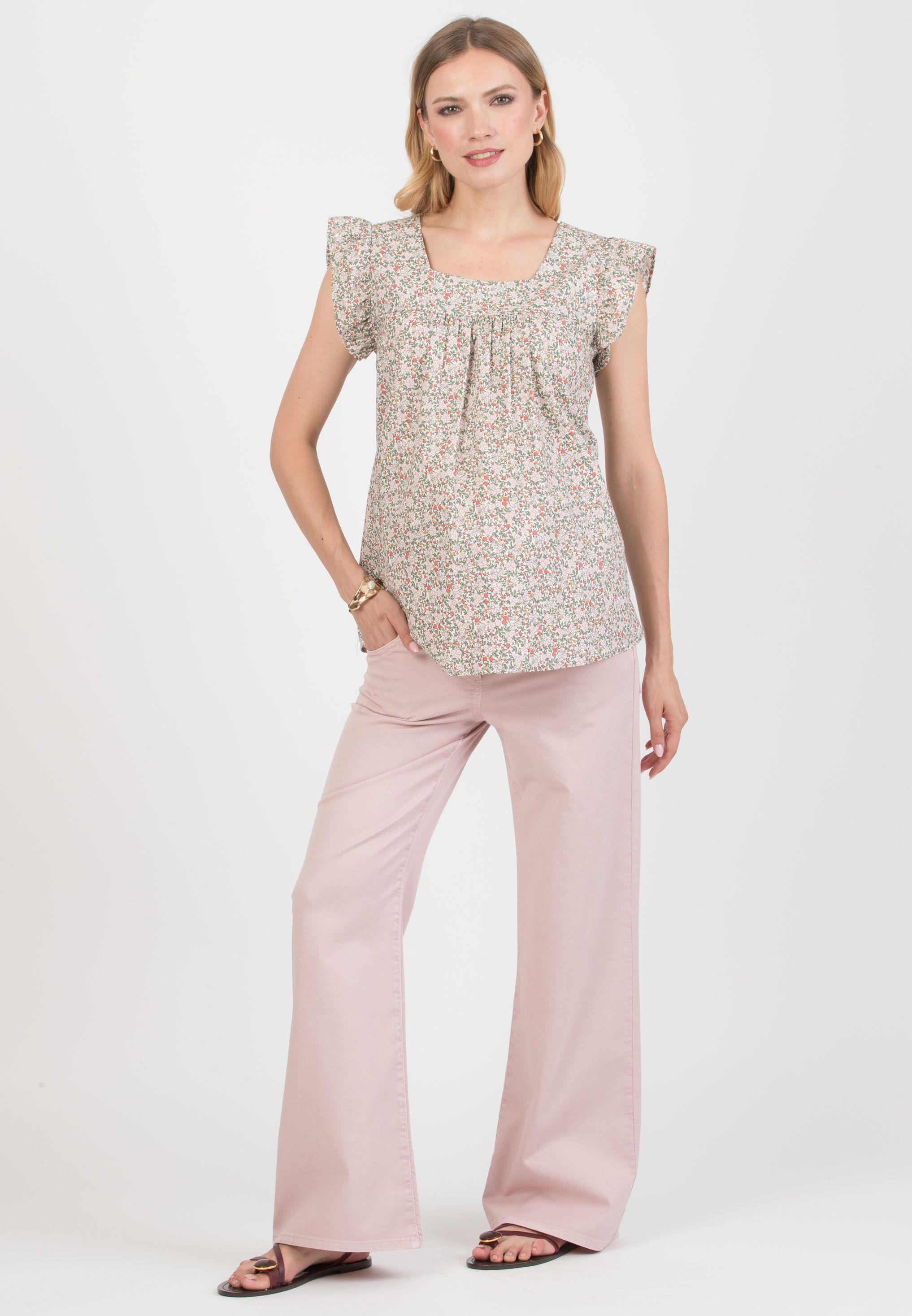 LAILA C - Maternity Blouse in Printed Cotton (Verde Salvia)