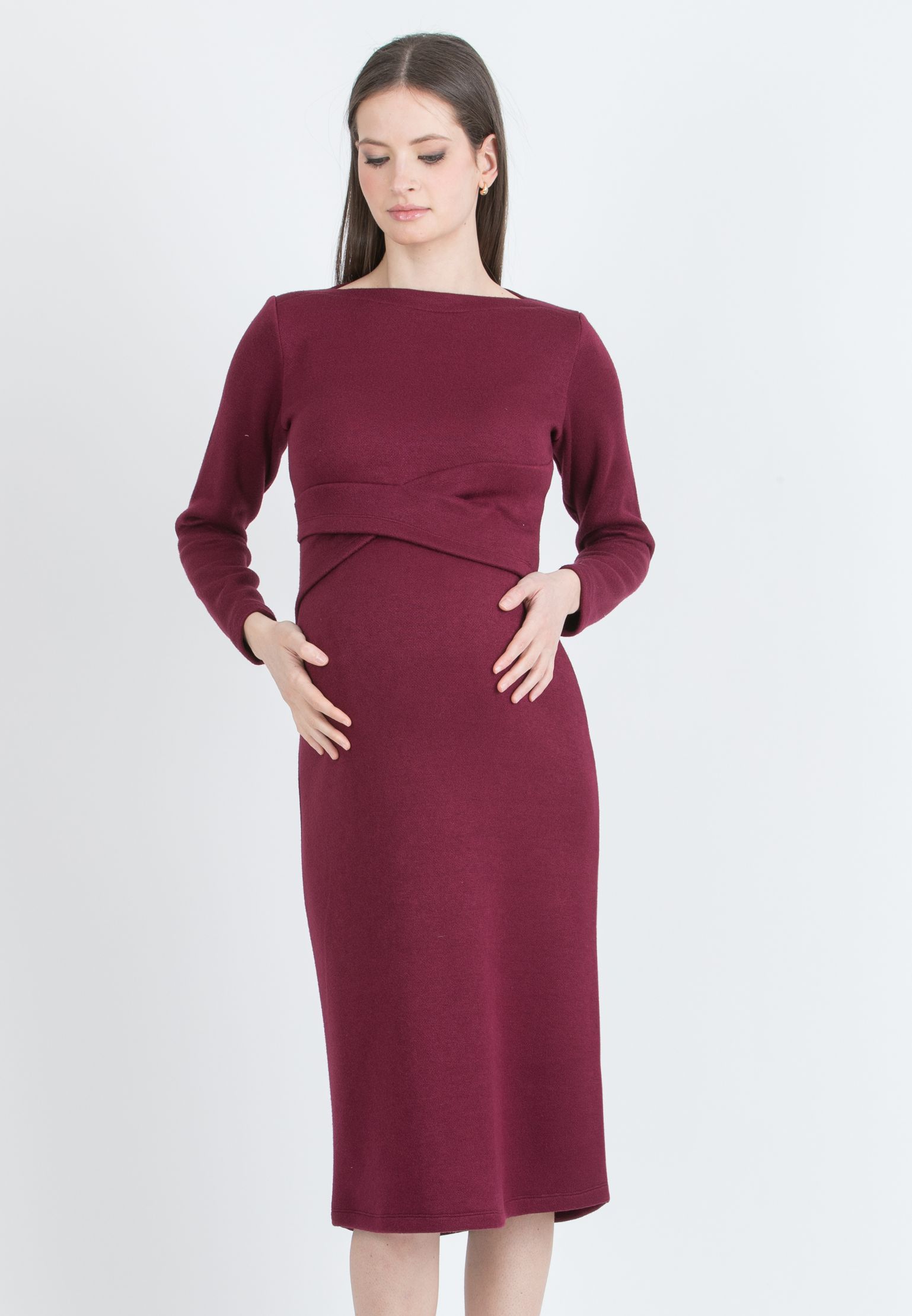AMELIA - Abito Premaman Longuette in Maglia con Fascia in Vita (Bordeaux, XS)