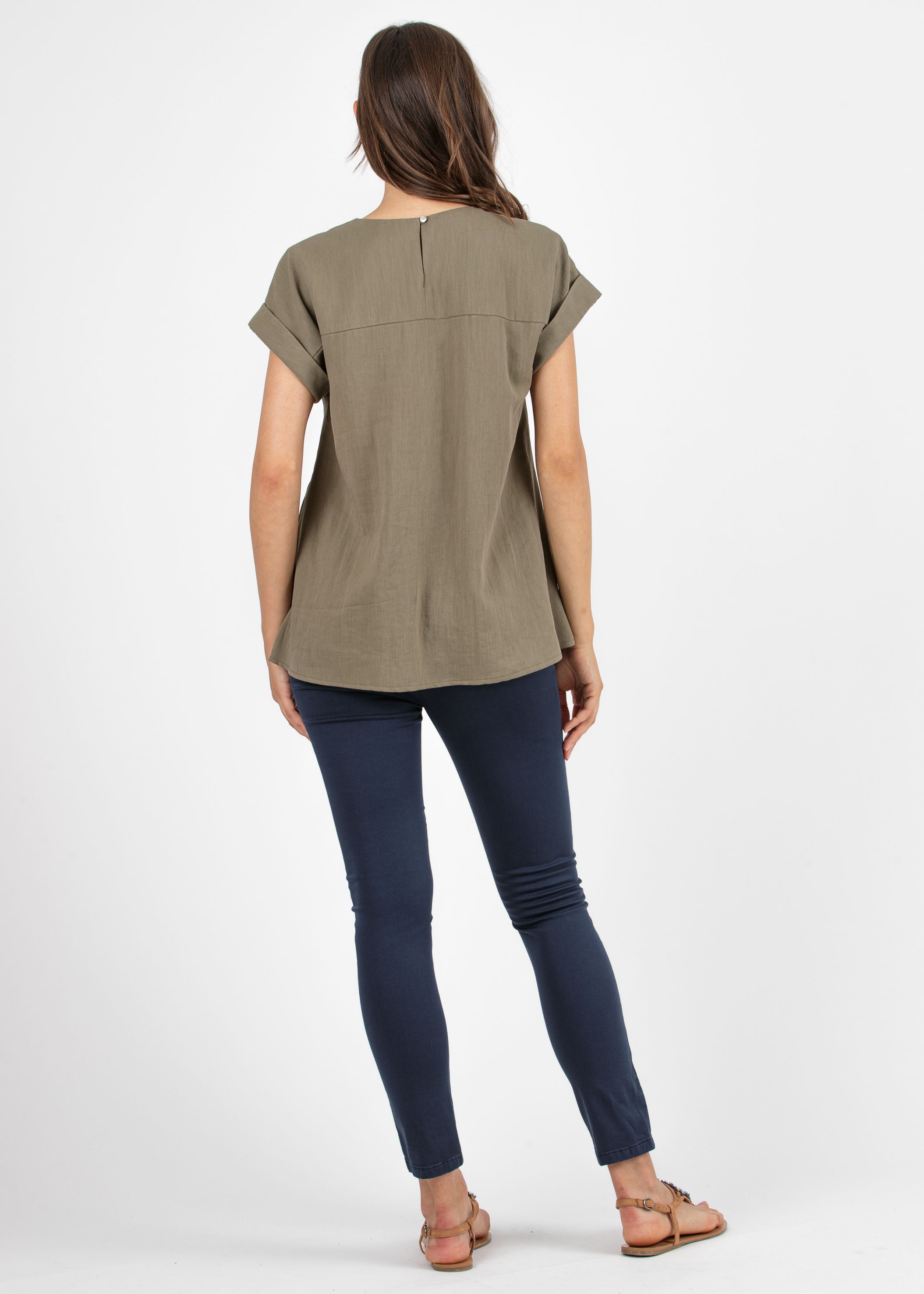 Camicetta Premaman in Tencel con Girocollo Arricciato e Manica con Risvolto (Verde Militare, XS)