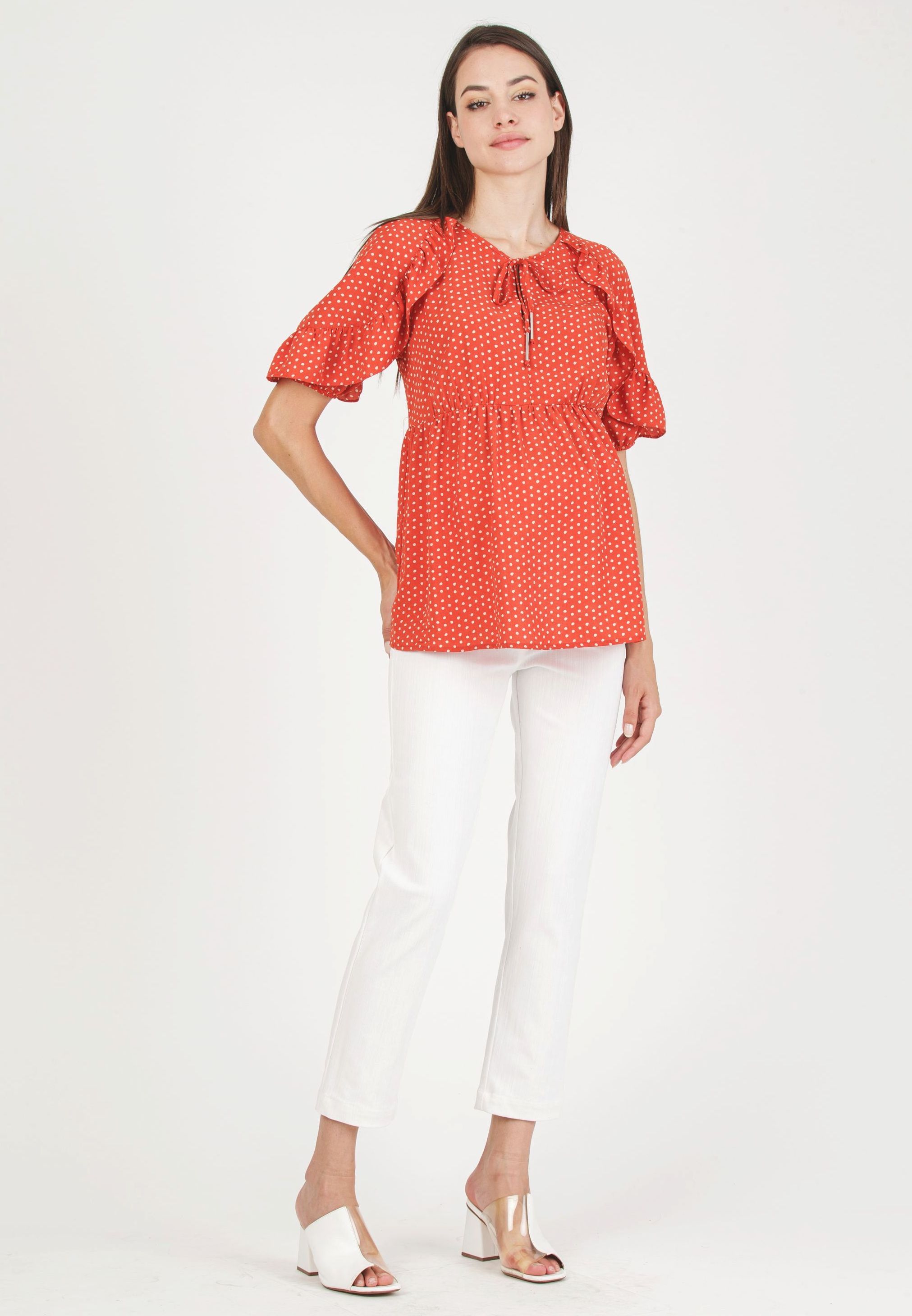 TINA M - Casacca premaman & Allattamento a Pois con Volant (Rosso Mattone)