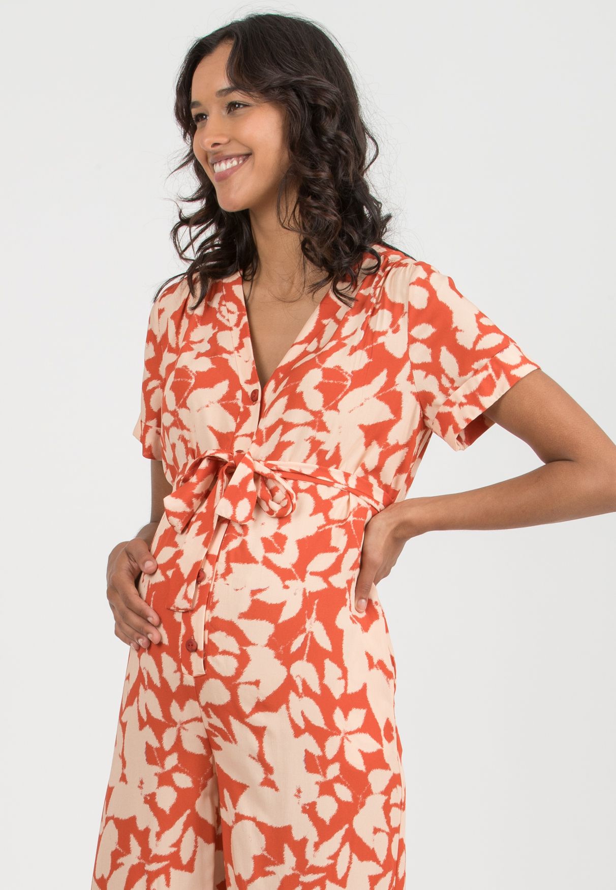 LORELLA – Maternity Jumpsuit in Printed Viscose (Terracotta, XS)
