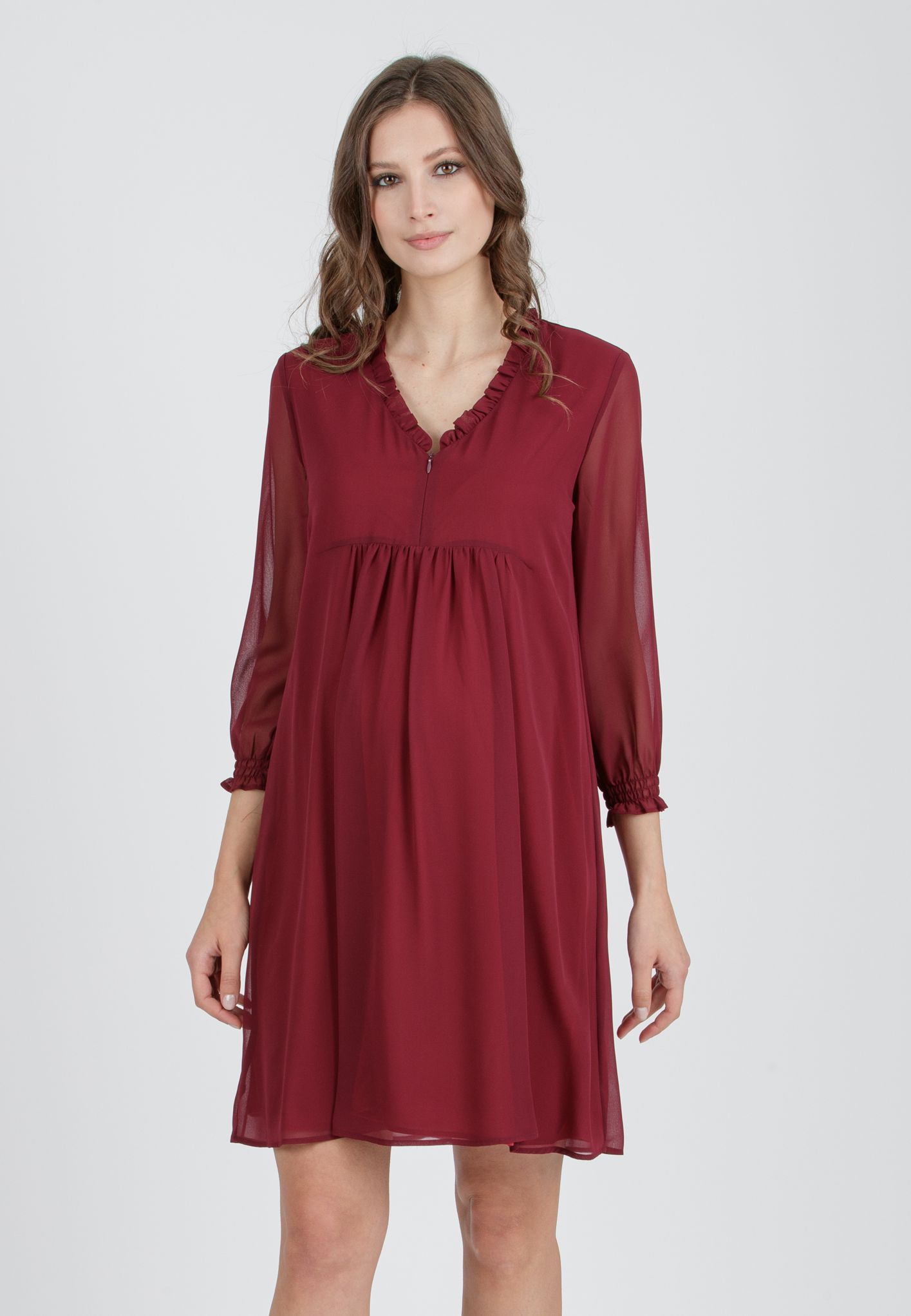 DIANA - Chiffon Maternity & Nursing Dress with Ruffle Trims on the Neck (Plum, XS)