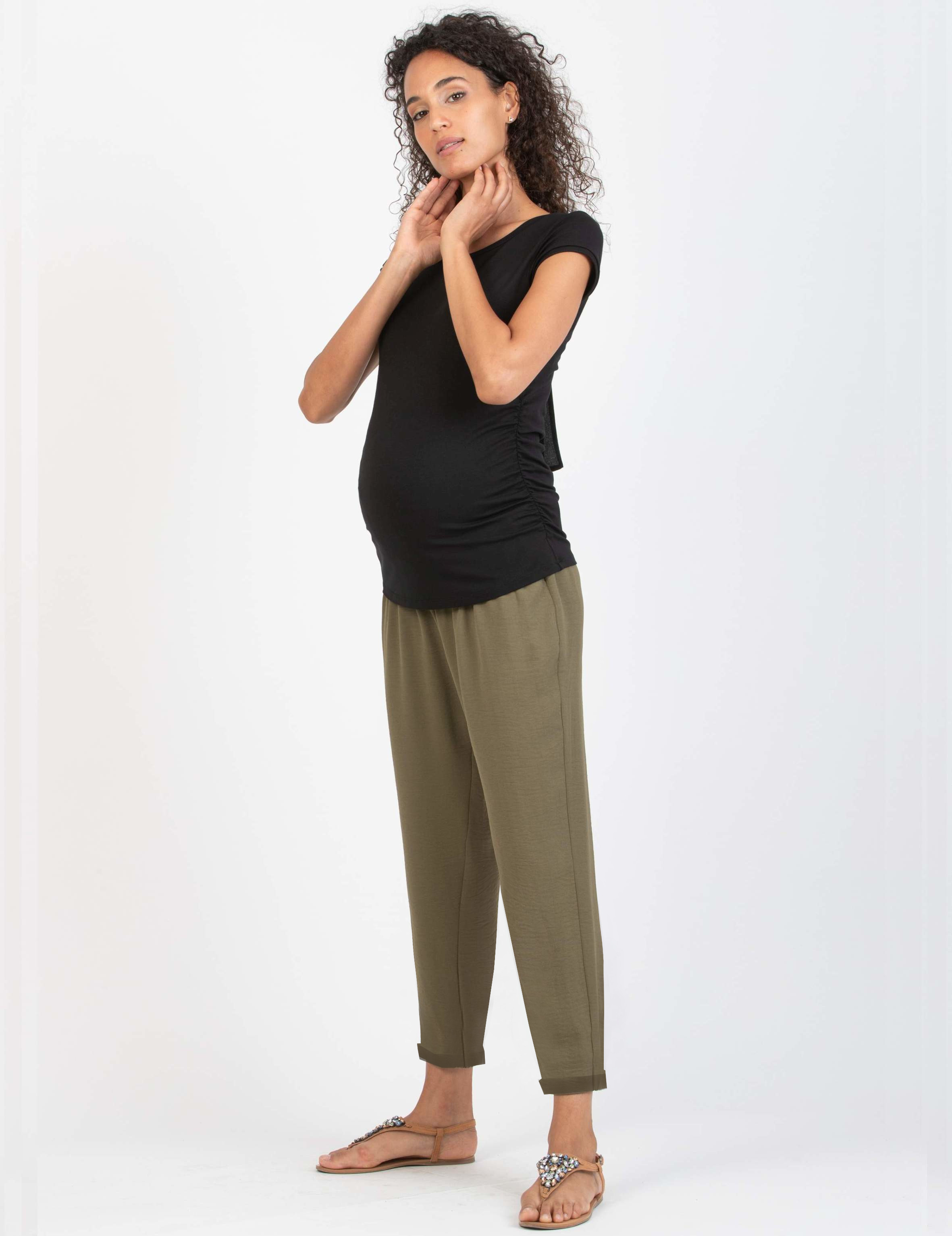 SILVIA F - Pantalone Premaman Jogger in Tela (Verde Militare, XS)