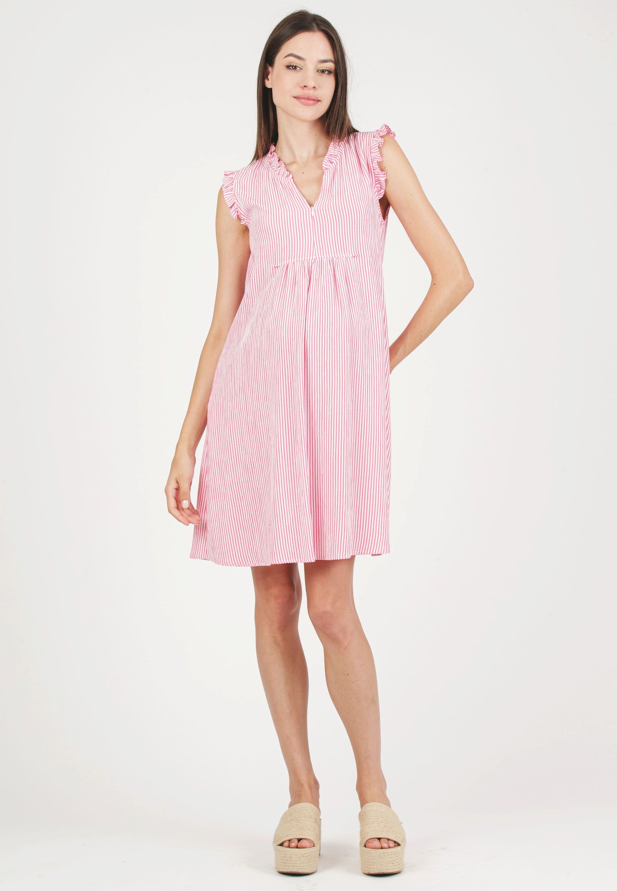 SOFIA R - Maternity & Nursing Striped Dress with Ruffles (Fuchsia, XS)