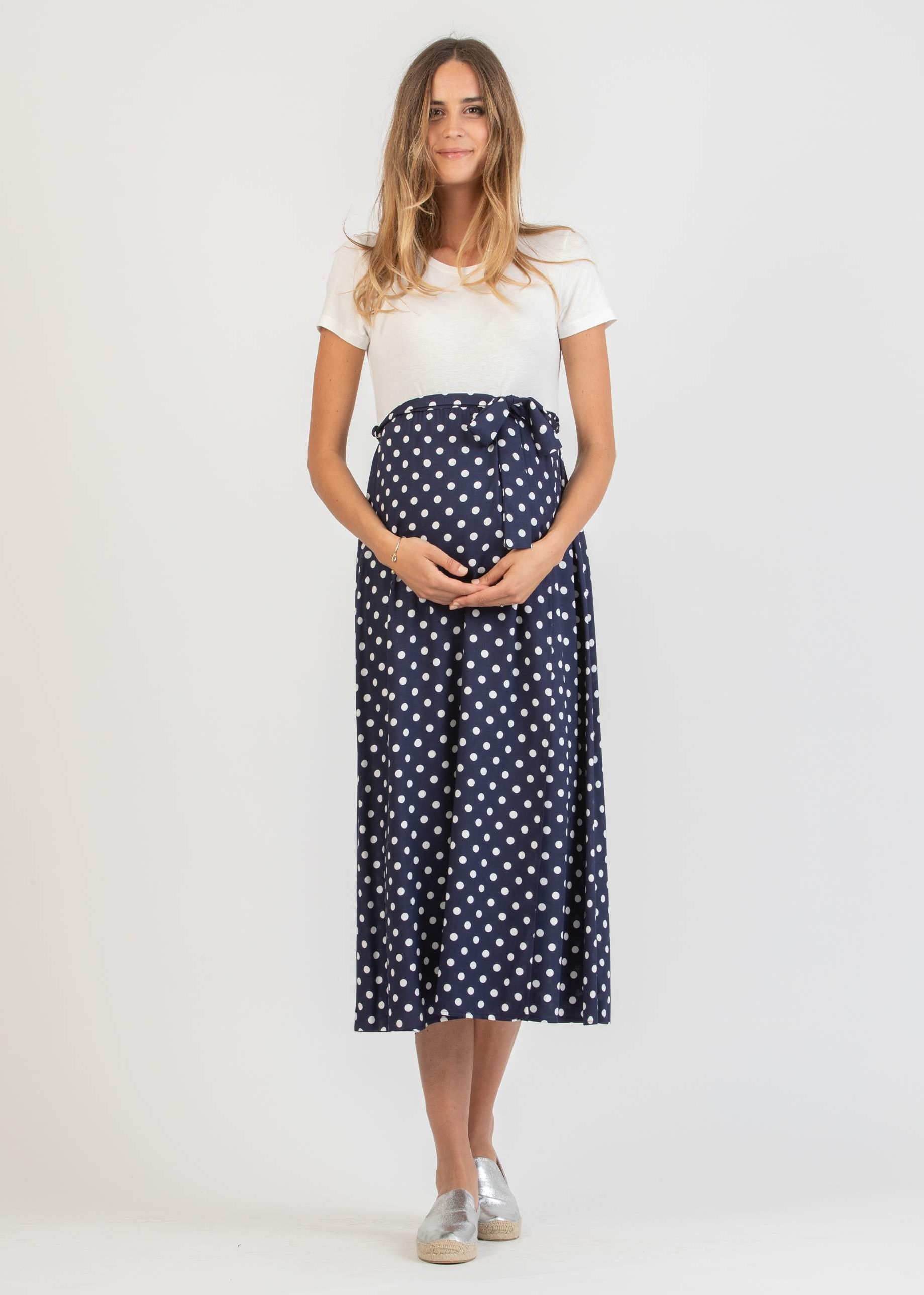 Abito Midi Premaman con Gonna a Pois a Portafoglio (Blu Scuro, XS)