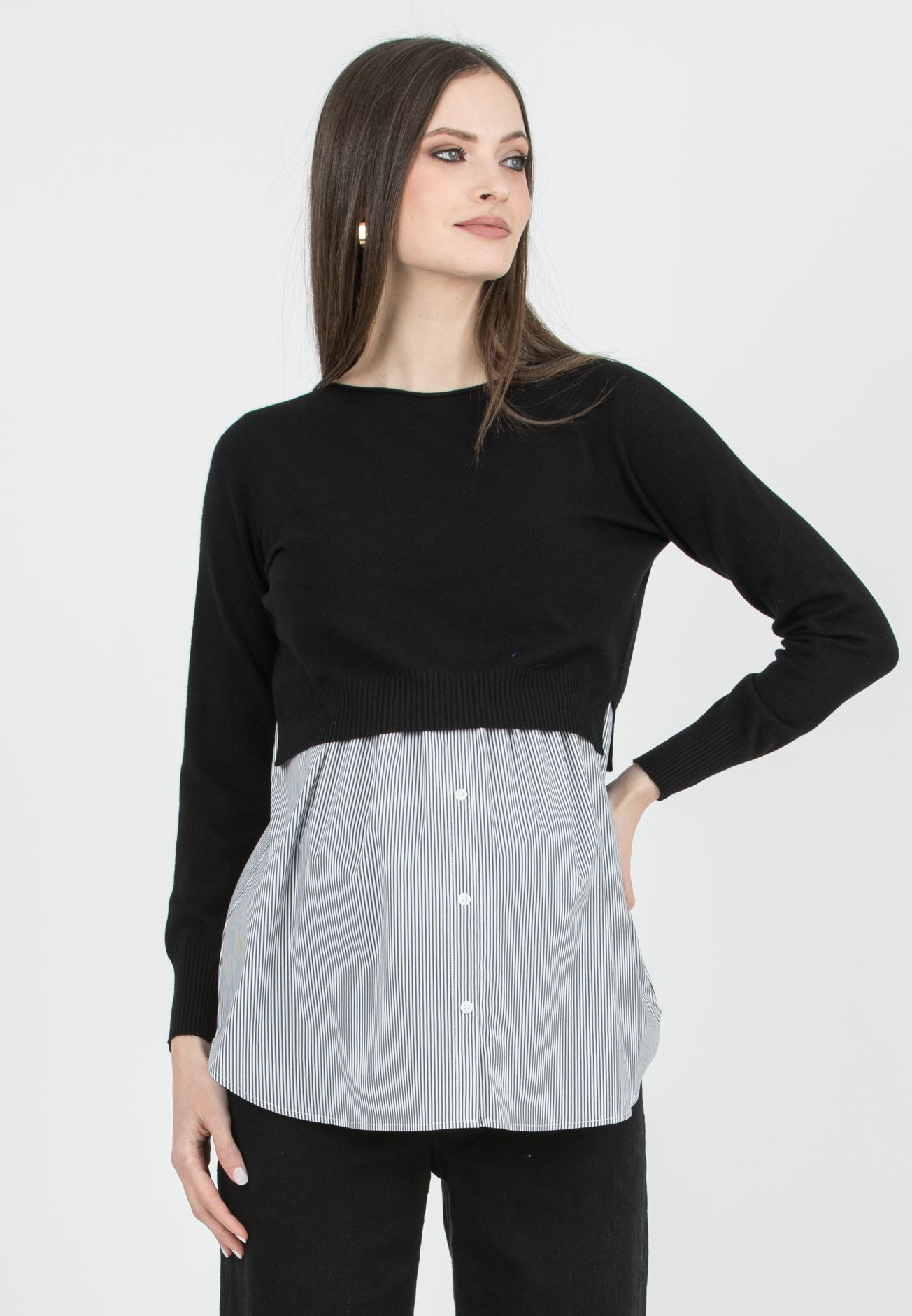 ANGELA R - Maternity & Nursing Sweater with Matching Striped Top (Nero)