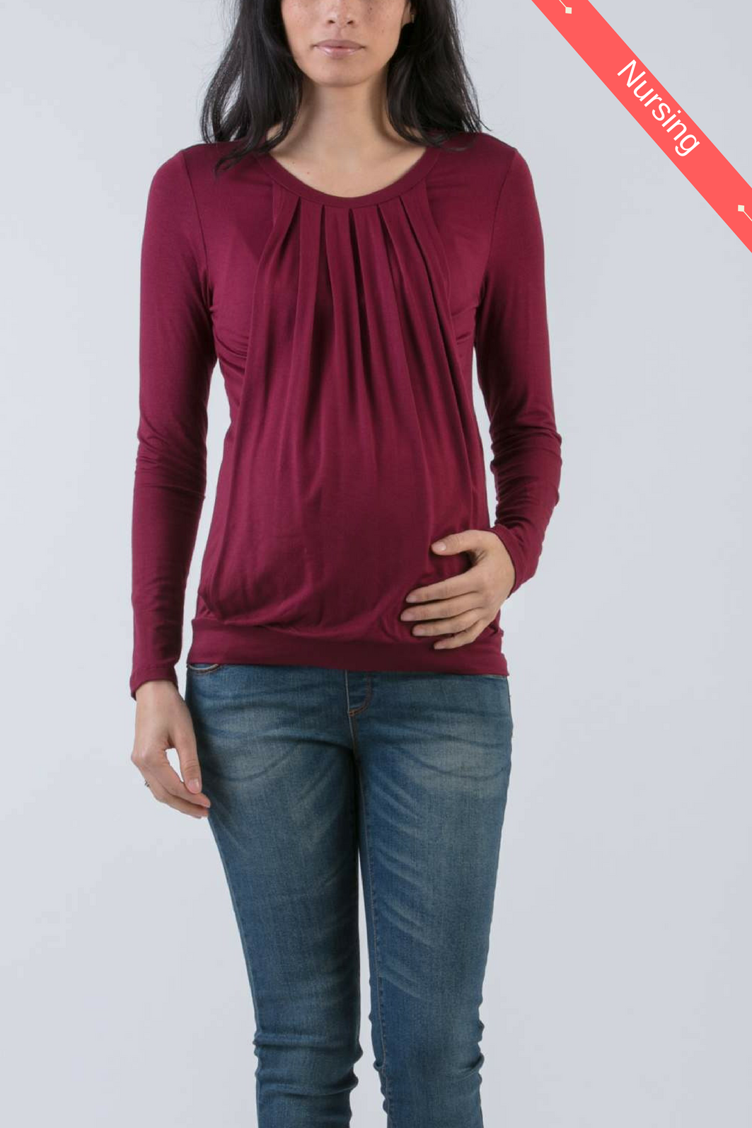 Long Sleeve Maternity & Nursing Top with Front Drapery (Plum, XS)