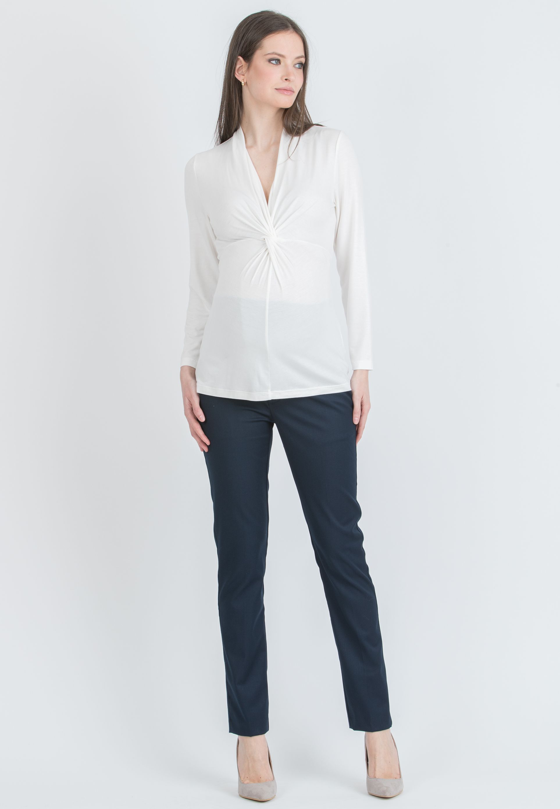 ISSA J – Maternity & Nursing Top in Stretch Viscose Jersey with Front Knot (Ivory, S)