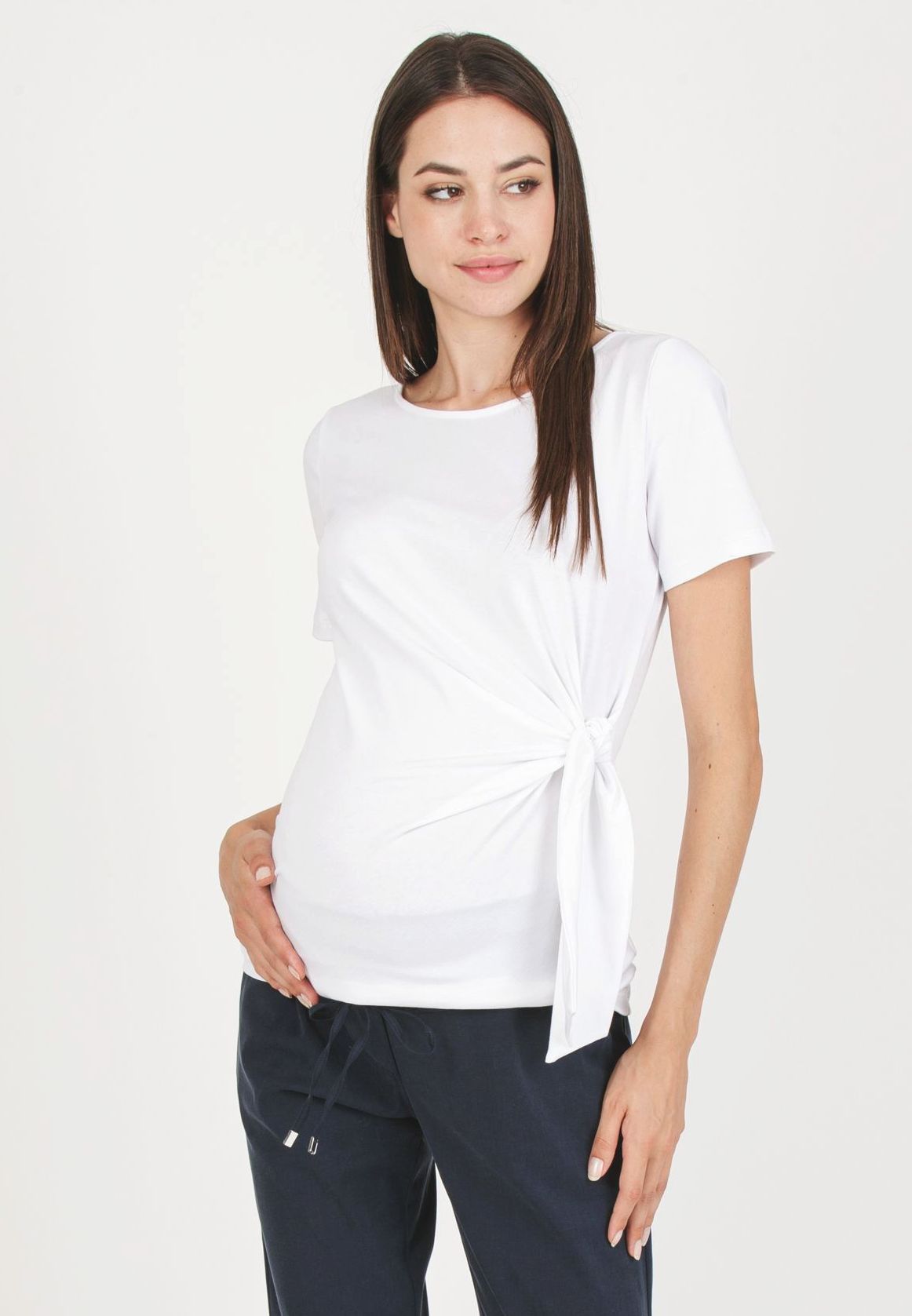 KAREN M - Maternity Cotton Jersey T-Shirt with Side Knot (Bianco  Ottico)