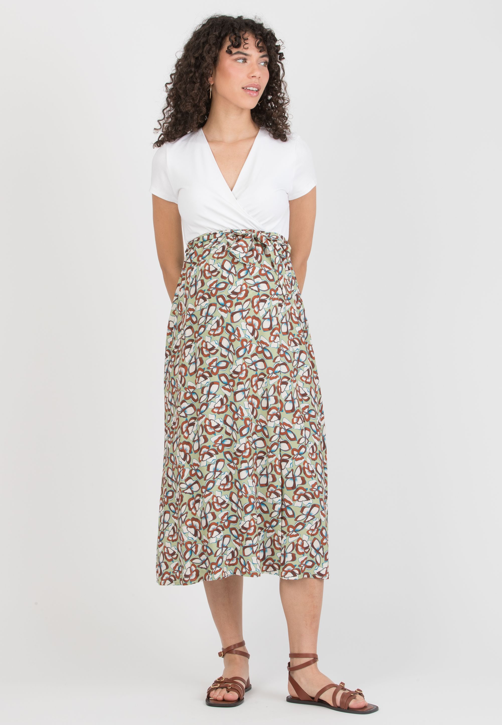 FEDERICA - Maternity Midi Dress with Crossed Neckline and Viscose Wrapped Skirt (Verde Pistacchio)