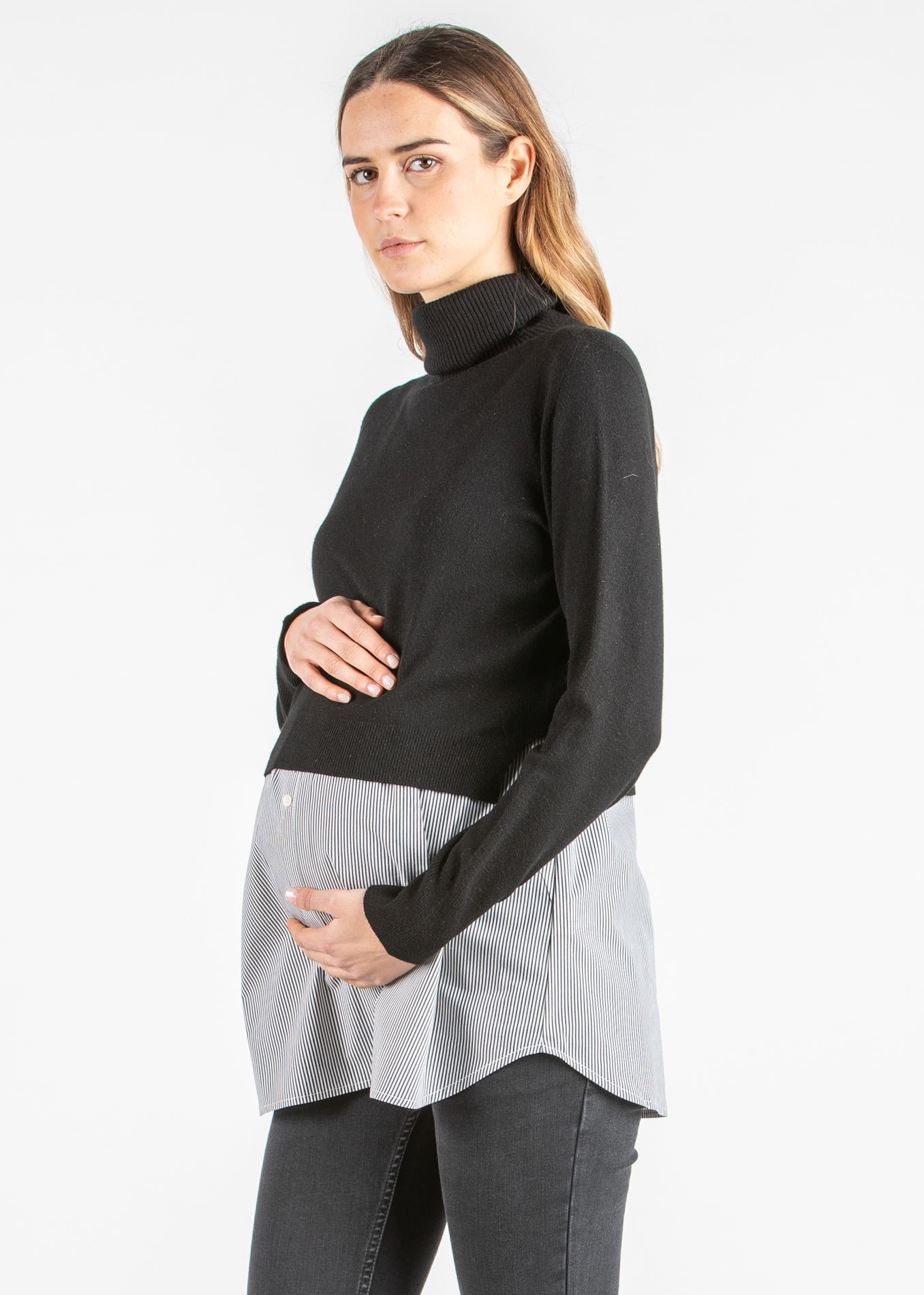 GIANNA R - Maglioncino Premaman & Allattamento con Collo Alto e Top a Righe Abbinato (Nero, XS)