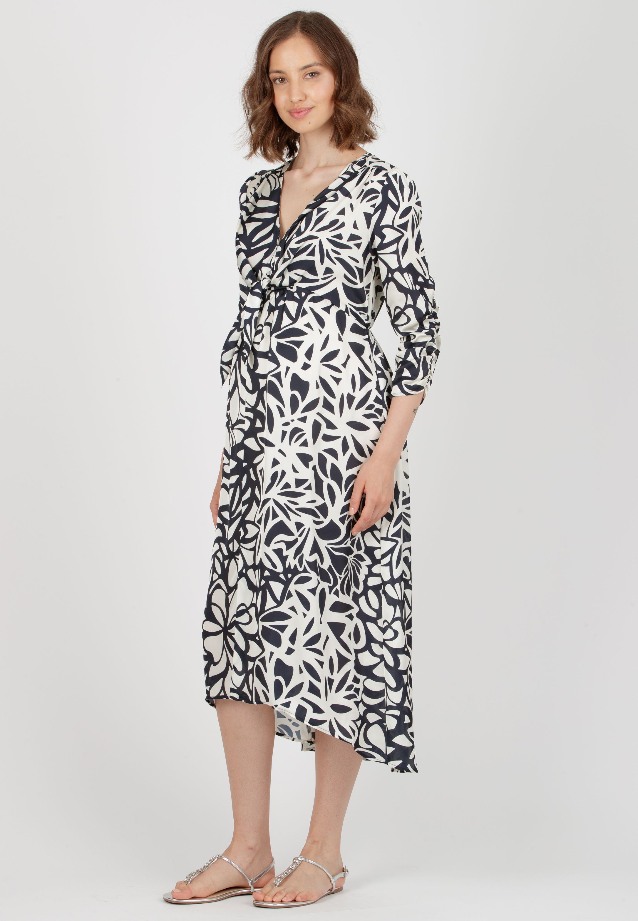 BELEN M/L - Abito Premaman & Allattamento in Raso Stampato con Corpino Annodato e Maniche 3/4 (Blu, XS)