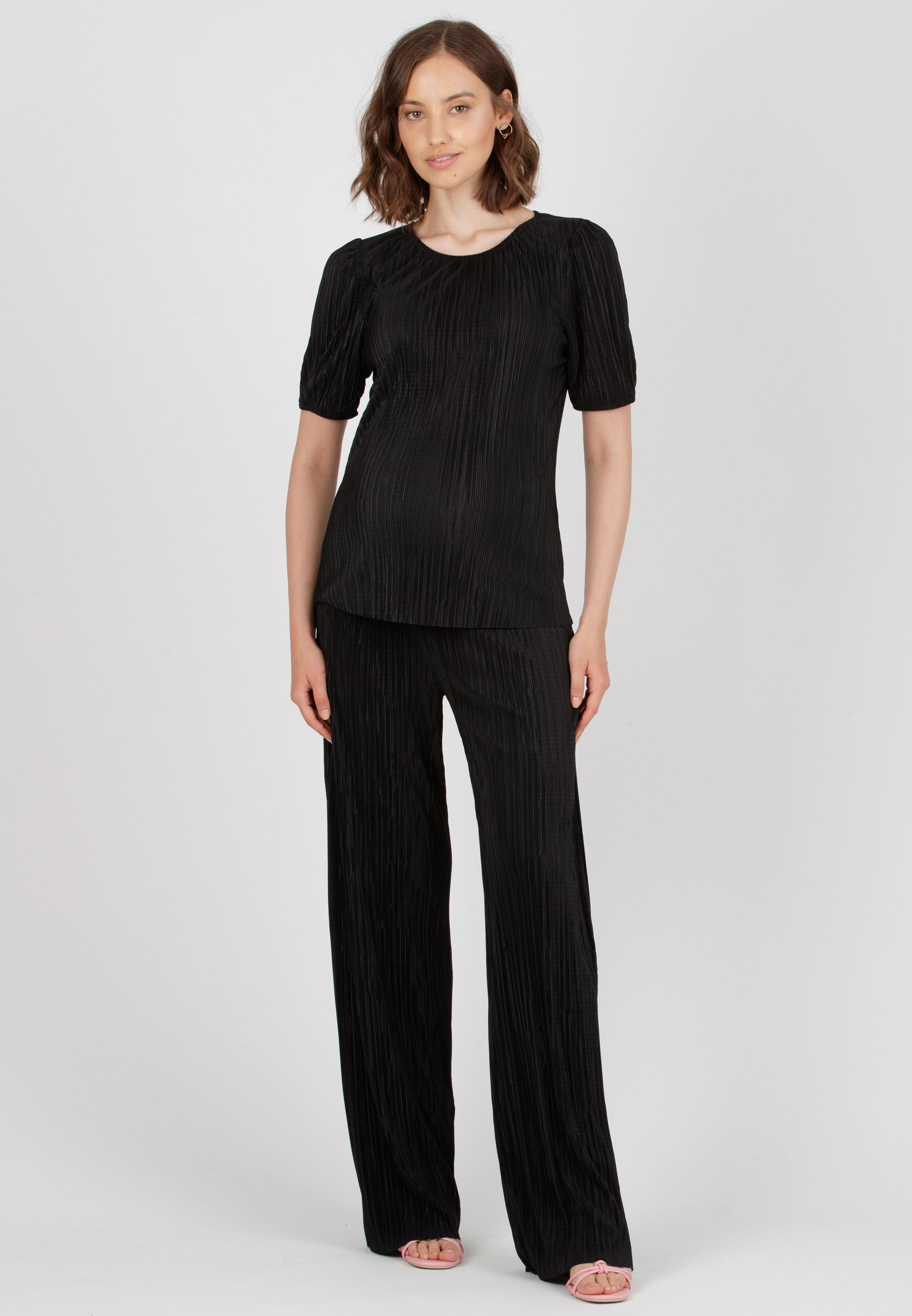AURA P - Maternity Palazzo Trousers in Pleated Fabric (Black, XS)