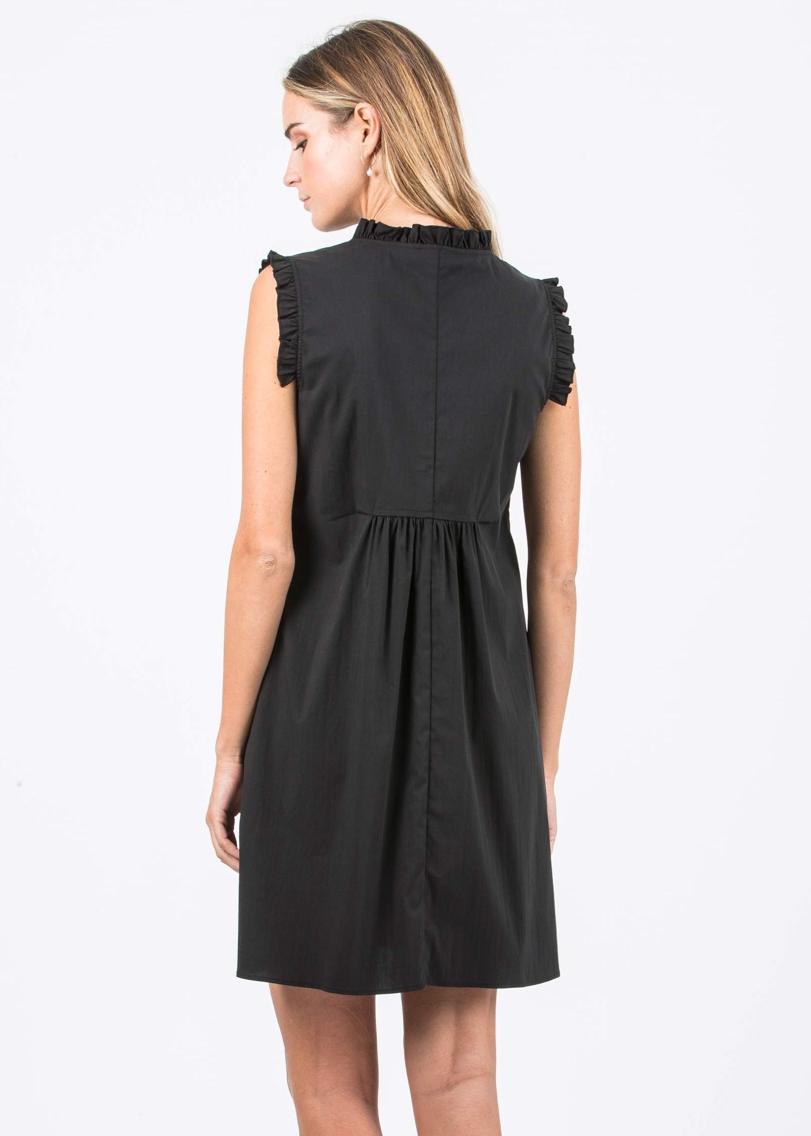Maternity Dress in Cotton Poplin with Frill Trims (Black, XS)
