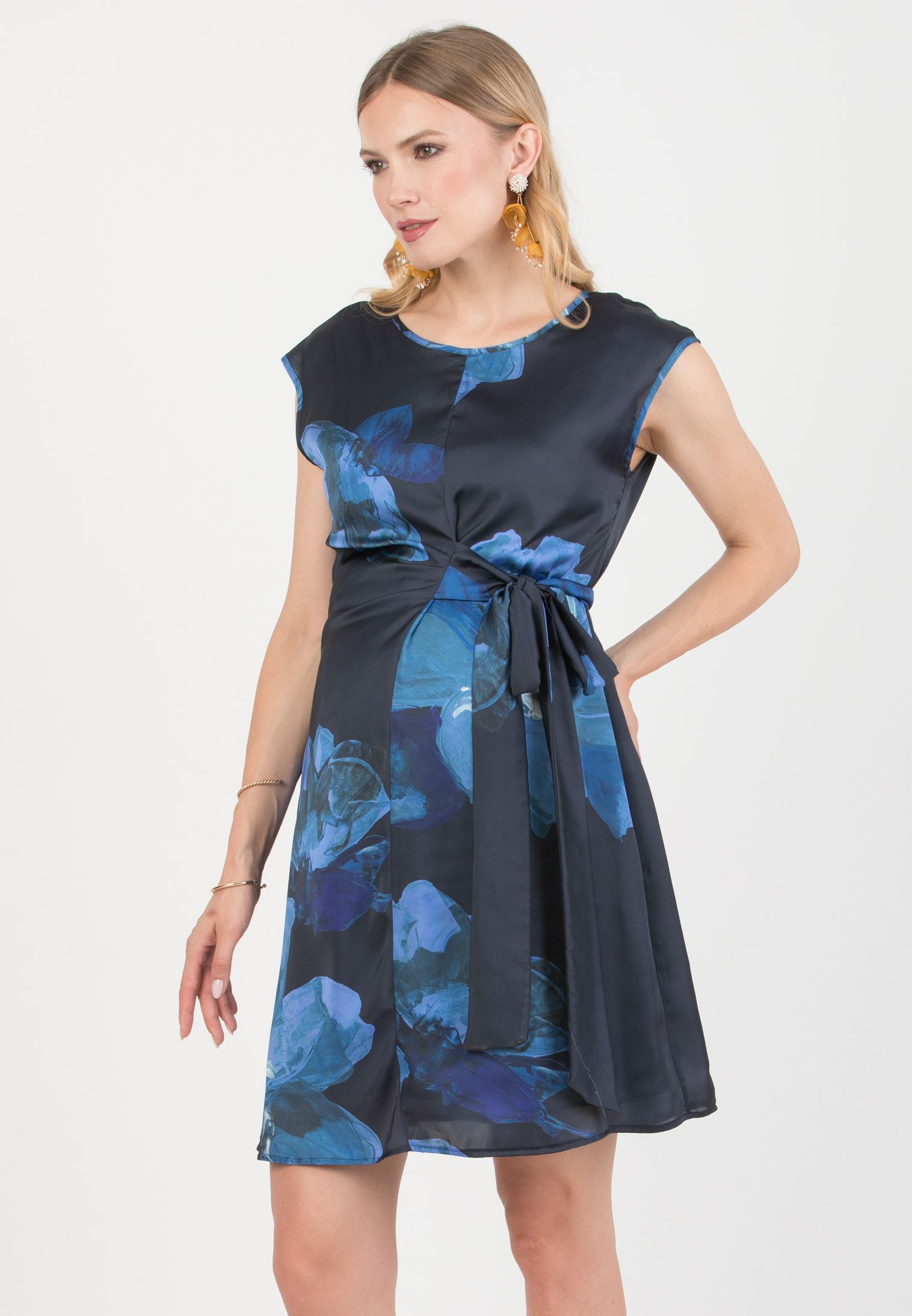 VERONICA - Maternity Satin Floreal Dress with Adjustable Tie (Blue, XS)