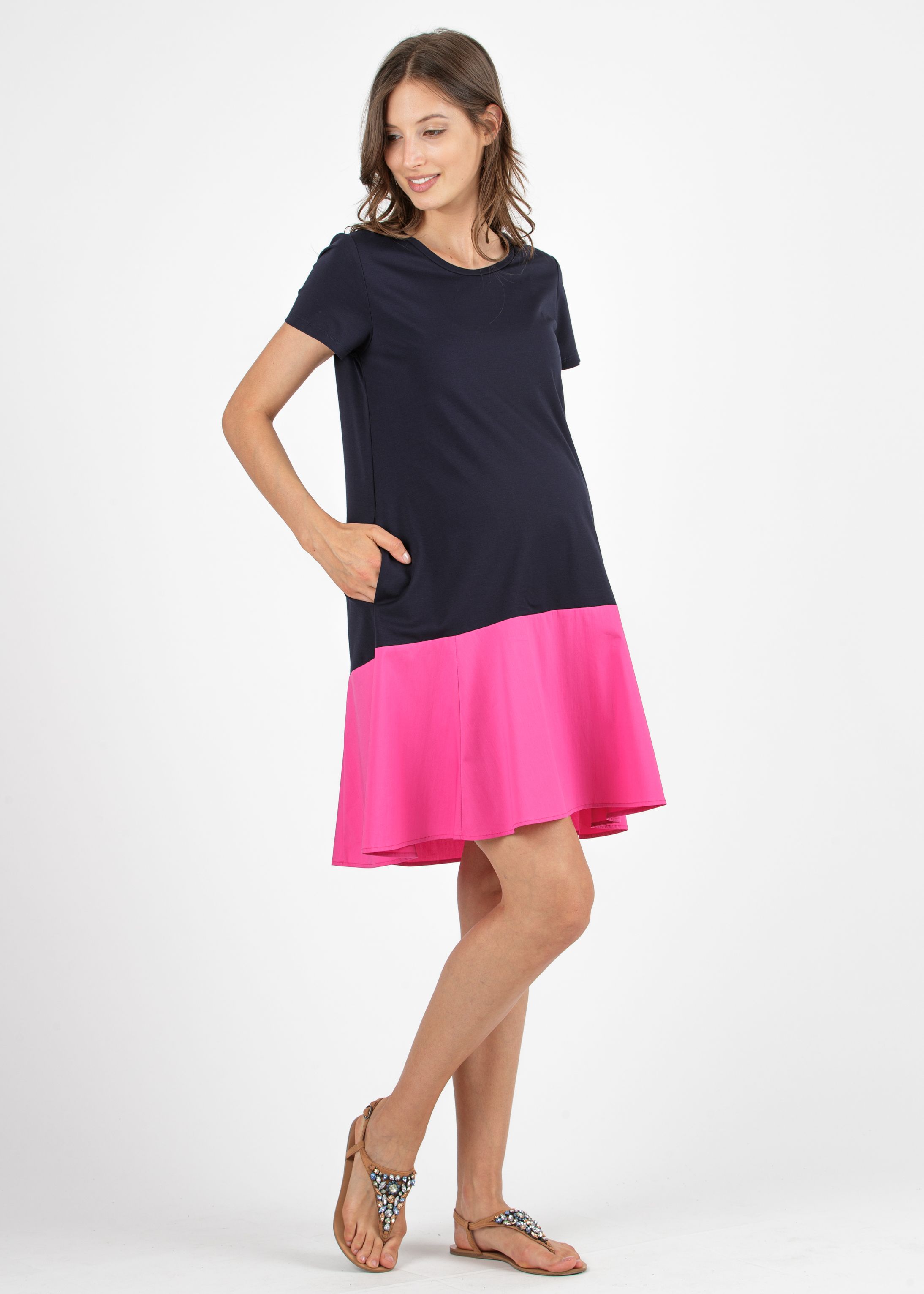 Maternity Dress in Light Punto Milano with Flounce (Blue, XS)