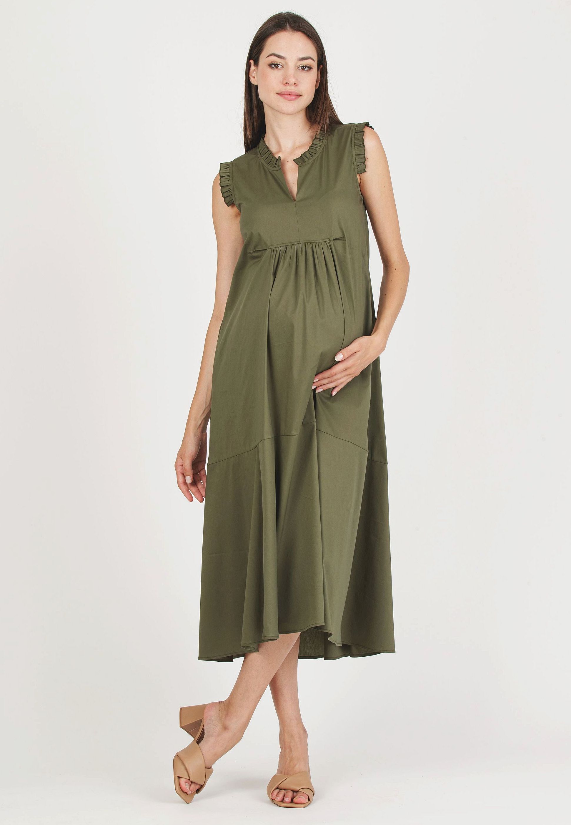 SOFIA MIDI - Maternity Midi Dress in Cotton Poplin with Ruffles (Army Green, XS)