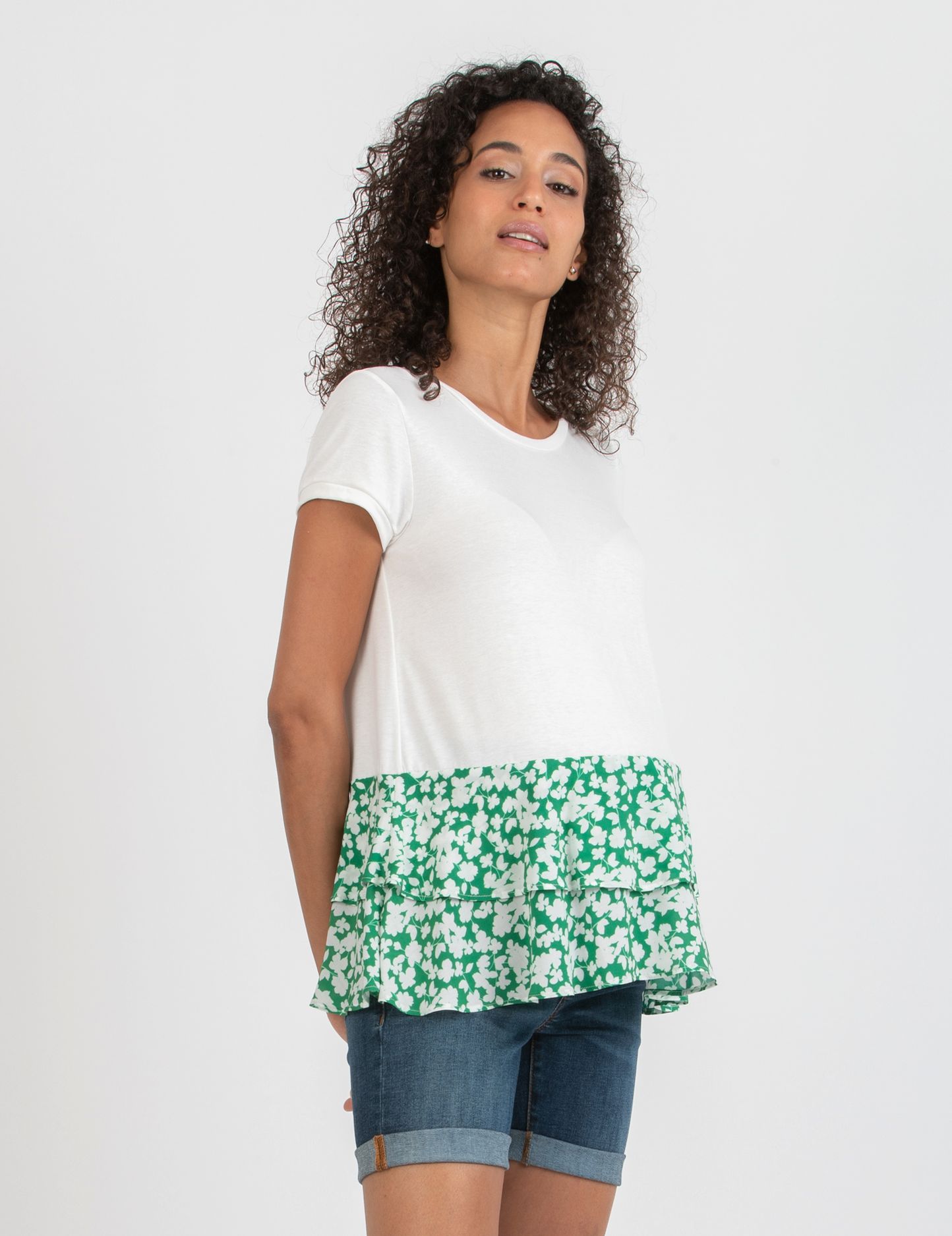 Maglietta Premaman con Volant in Fantasia Floreale Verde (Verde, XS)