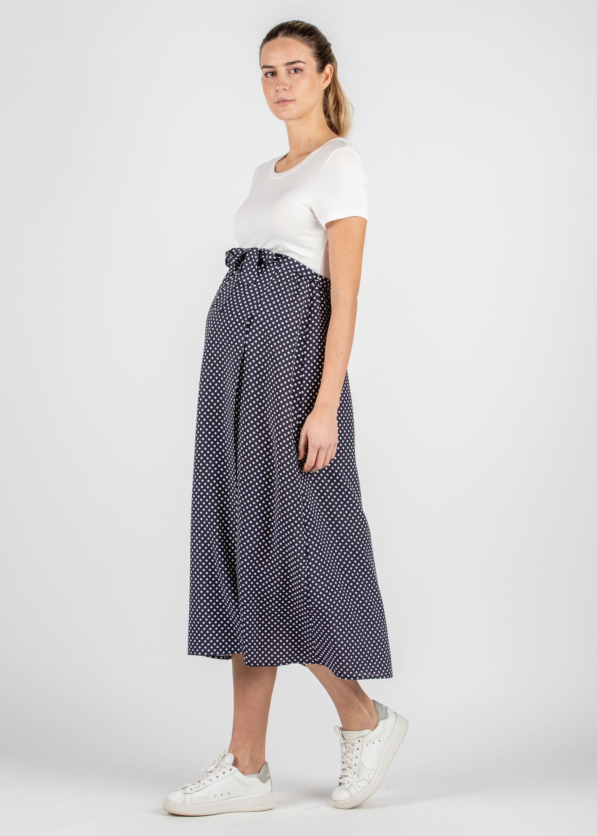 Abito Midi Premaman con Gonna a Pois a Portafoglio (Blu)