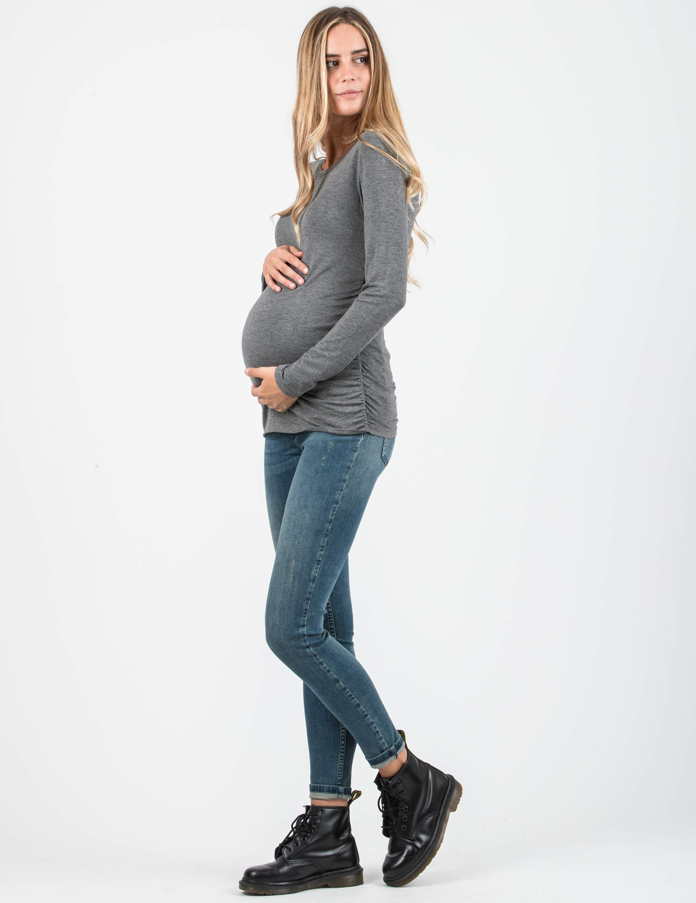 ELLEN - Maglietta Premaman con Lati Arricciati (Grigio Melange, XS)