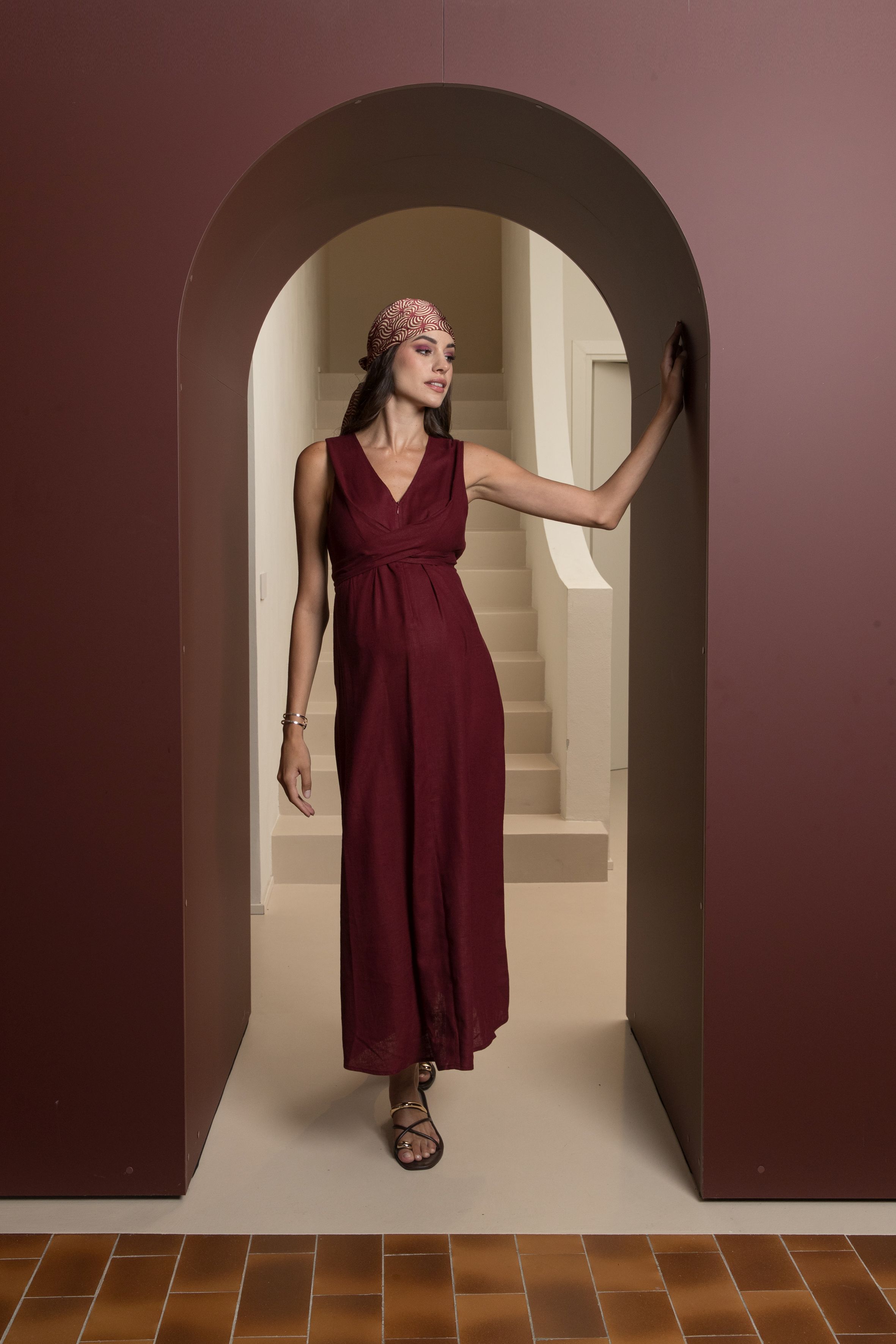 ANNALISA - Abito Premaman & Allattamento in Lino con Fusciacche incrociate (Bordeaux)