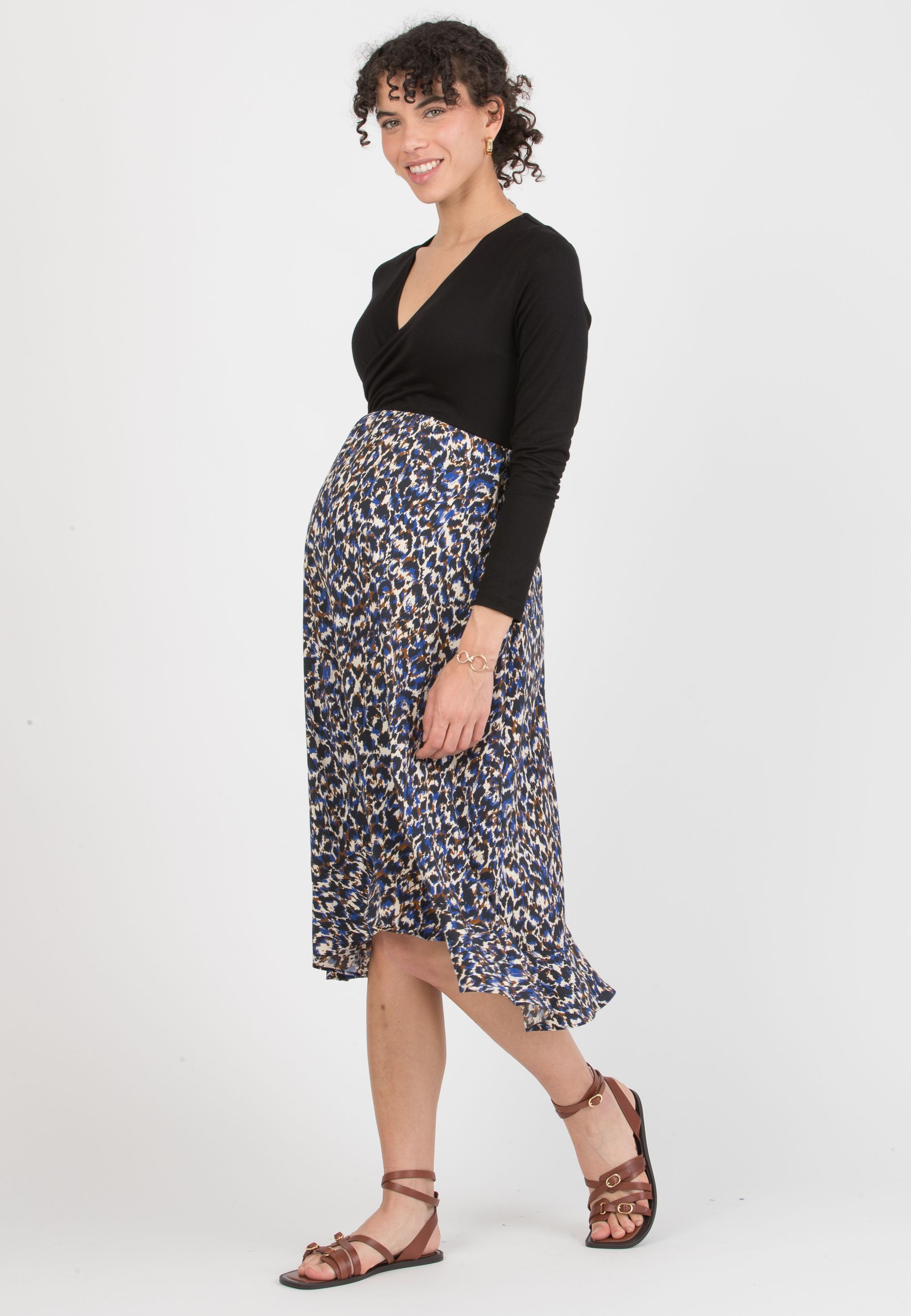 MARTA M/L - Abito Midi Premaman & Allattamento con Gonna Stampata (Blu, XS)