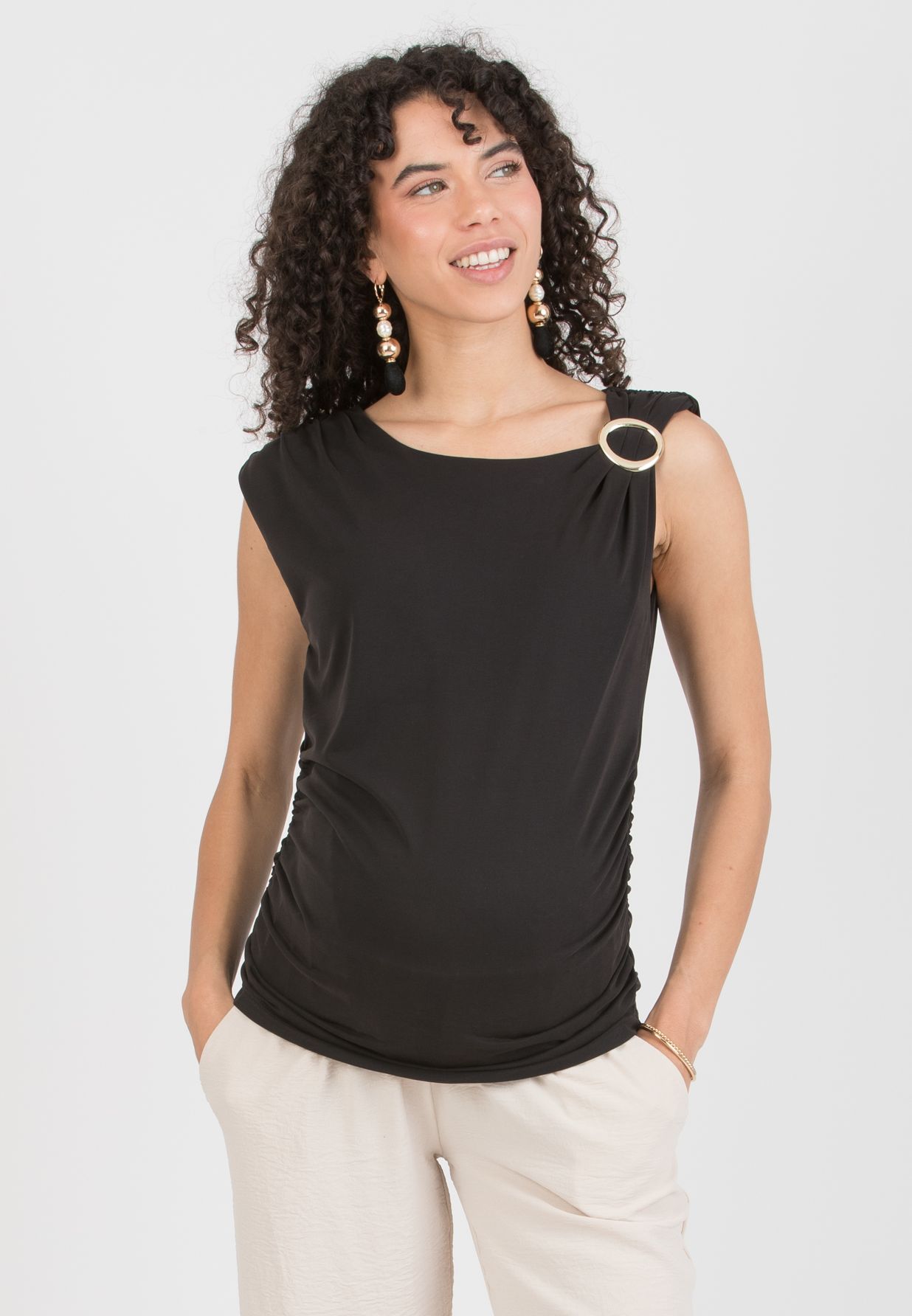 JASMINE - Maternity Top in Modal with Ring Detail and Side Ruching (Nero)