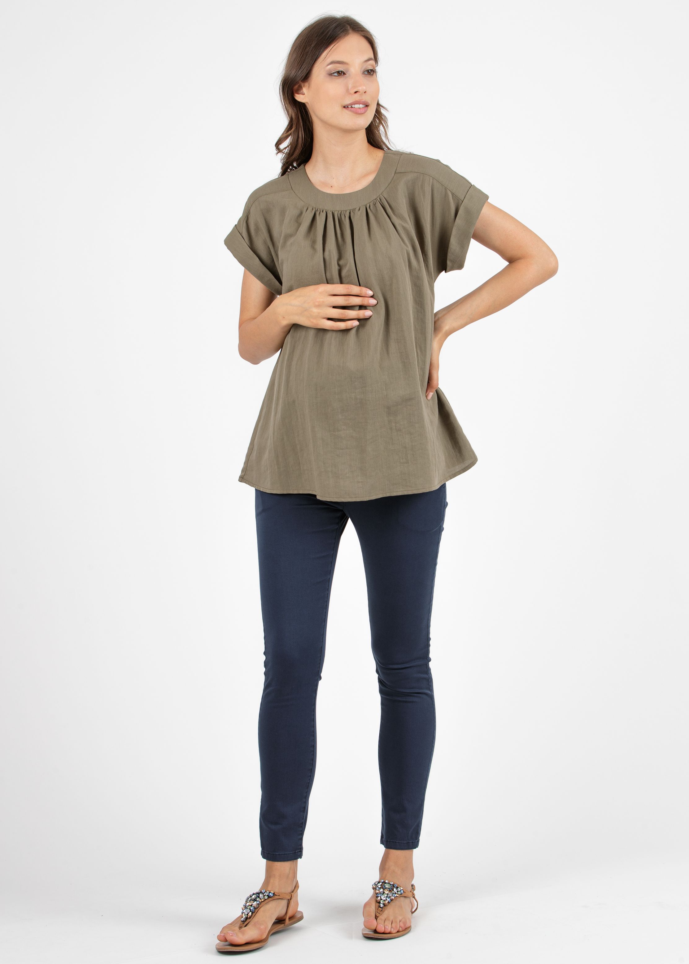 Camicetta Premaman in Tencel con Girocollo Arricciato e Manica con Risvolto (Verde Militare, XS)