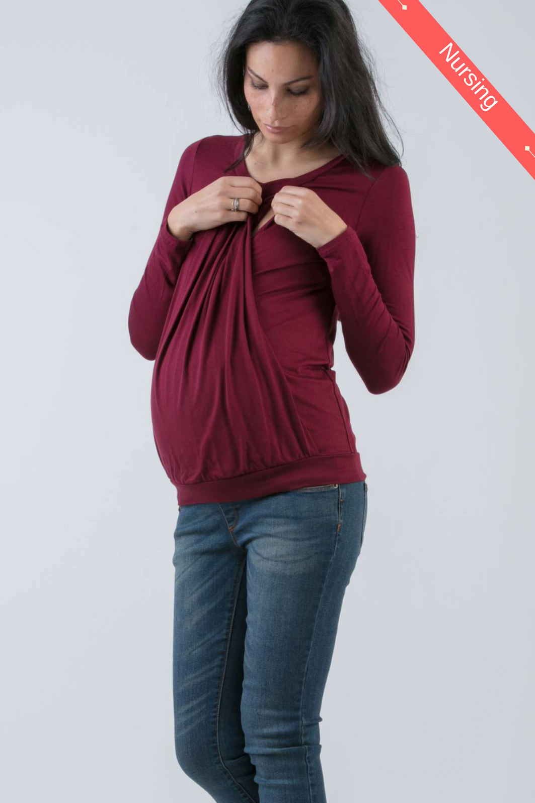 Long Sleeve Maternity & Nursing Top with Front Drapery (Plum, XS)