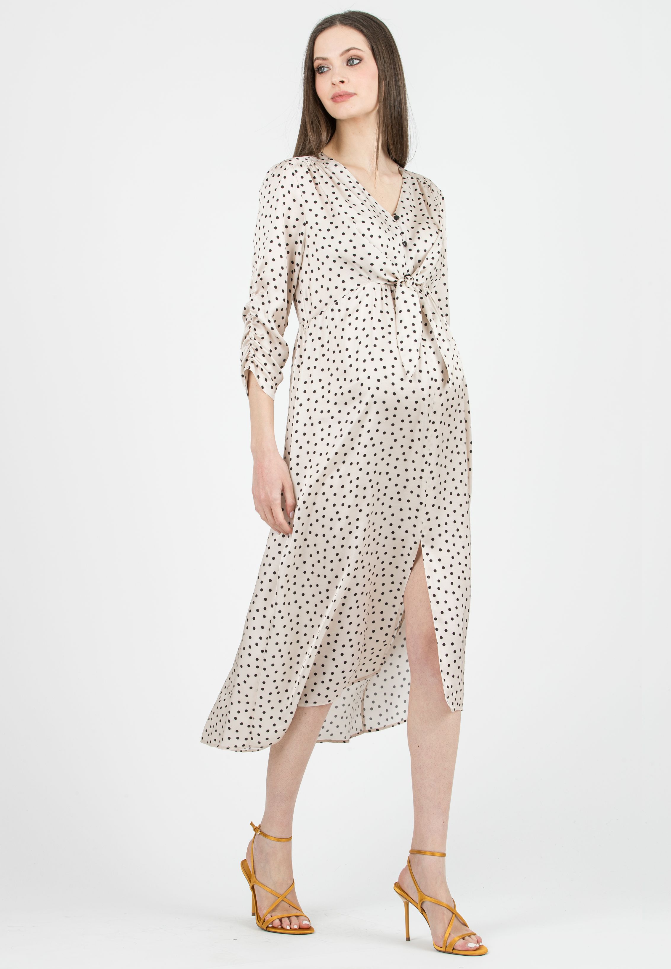 BELEN M/L - Maternity & Nursing Polka Dot Viscose Dress with Tie Front and 3/4 Sleeves (Naturale)