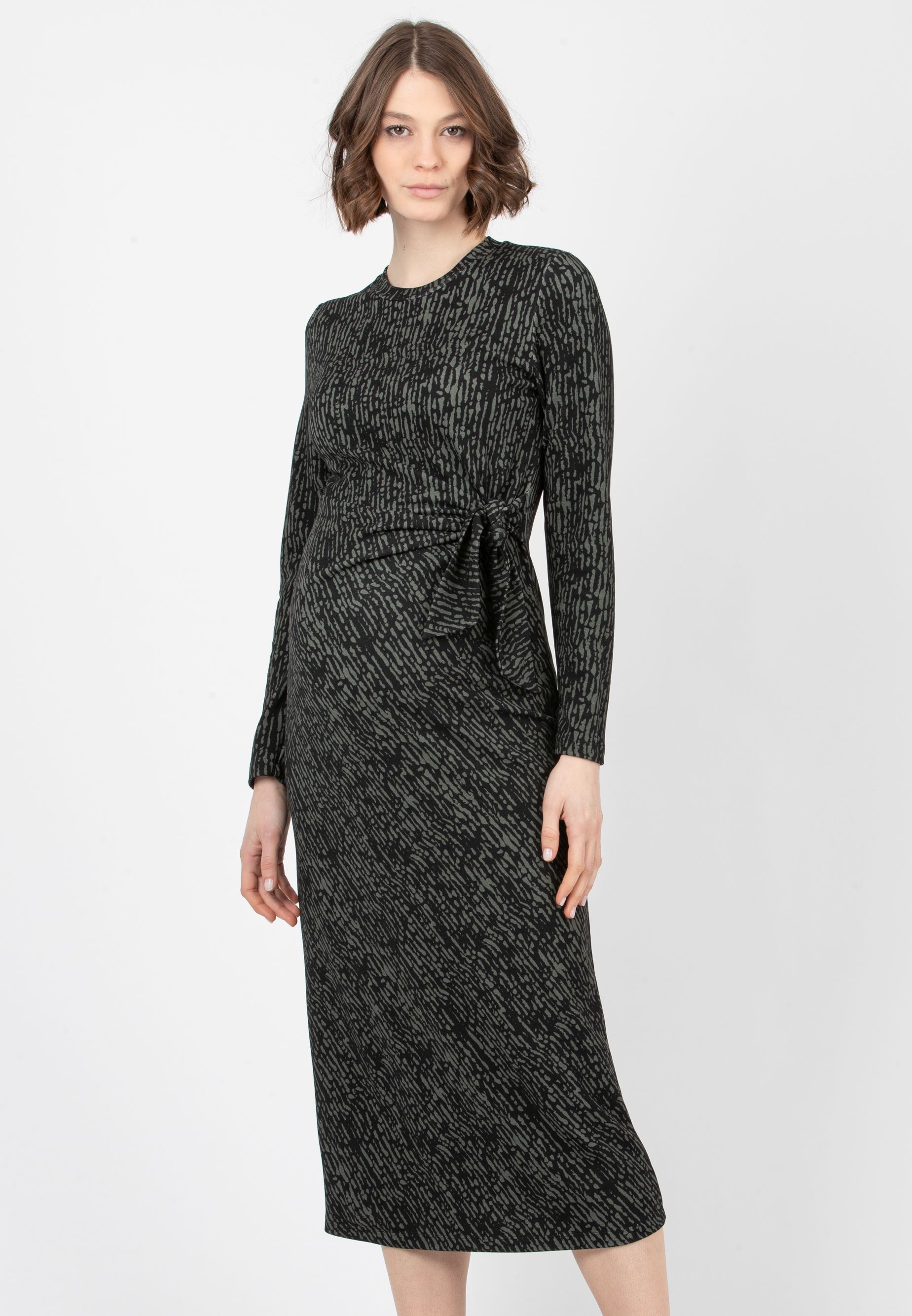 KAREN F - Maternity Dress in Printed Ponte Fabric with Knot (Dark Green, XS)