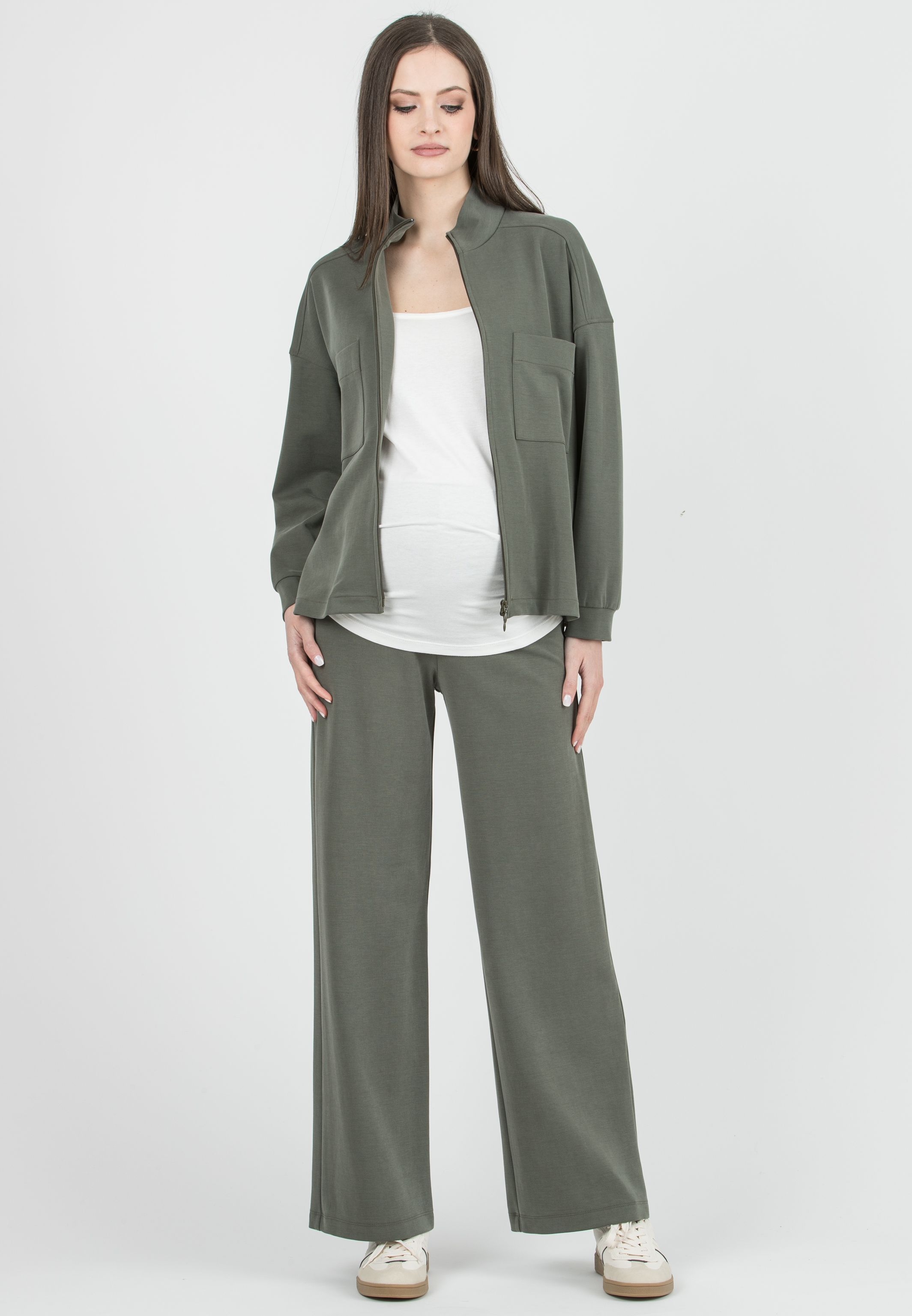KIMBERLY M – Straight Maternity Trousers in Modal Ponte Fabric (Verde Militare)