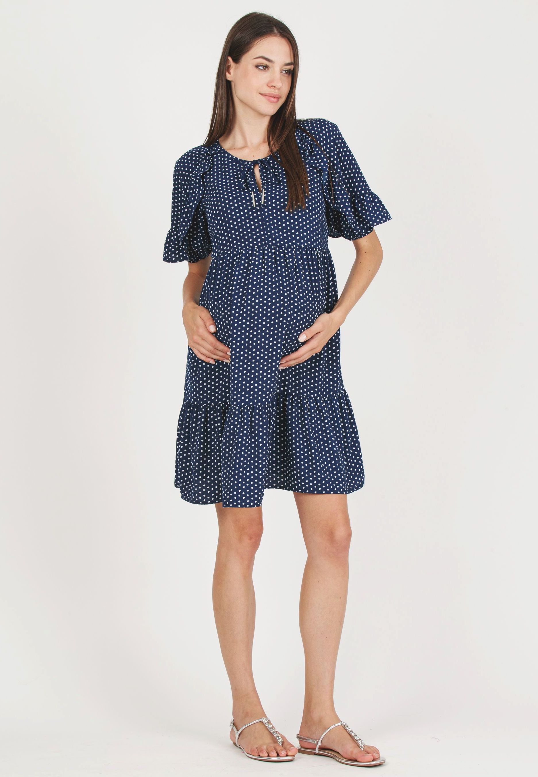 TINA - Maternity & Nursing Dress with Ruffles on the Sleeves and Flounced Skirt (Blue, XS)