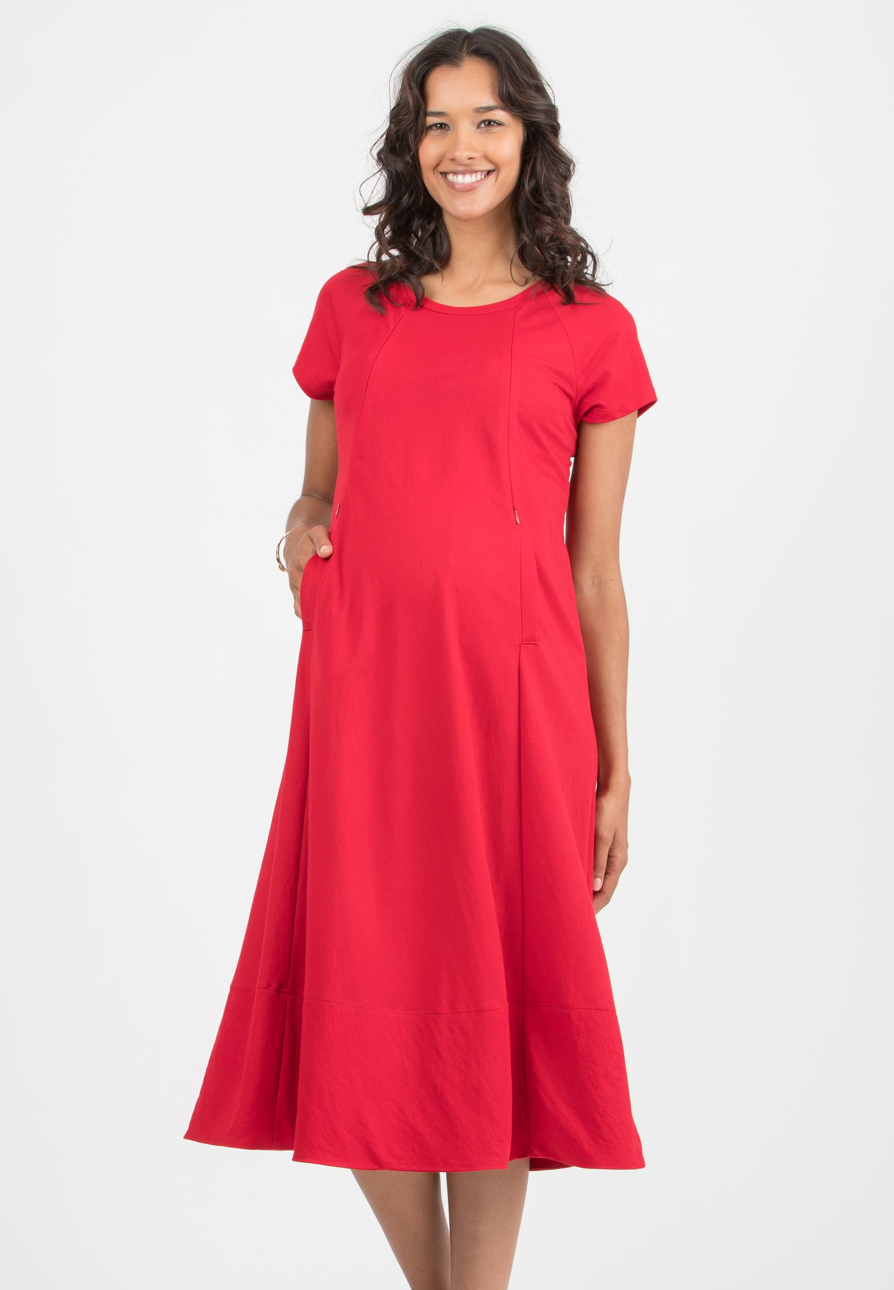 LICIA MIDI - Abito Midi Premaman & Allattamento in Viscosa (Rosso, XS)