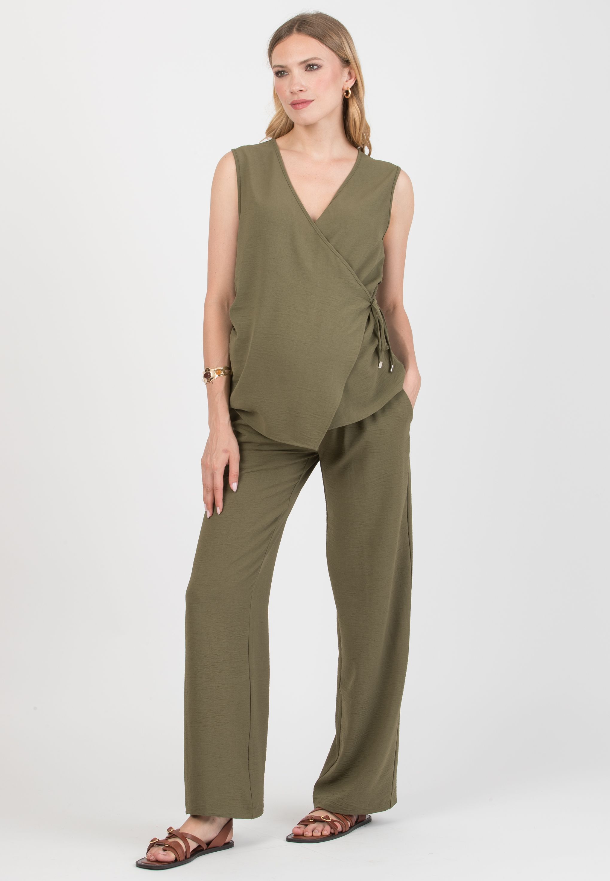 INES - Pantalone Premaman Fluido con Vita Bassa (Verde Militare)
