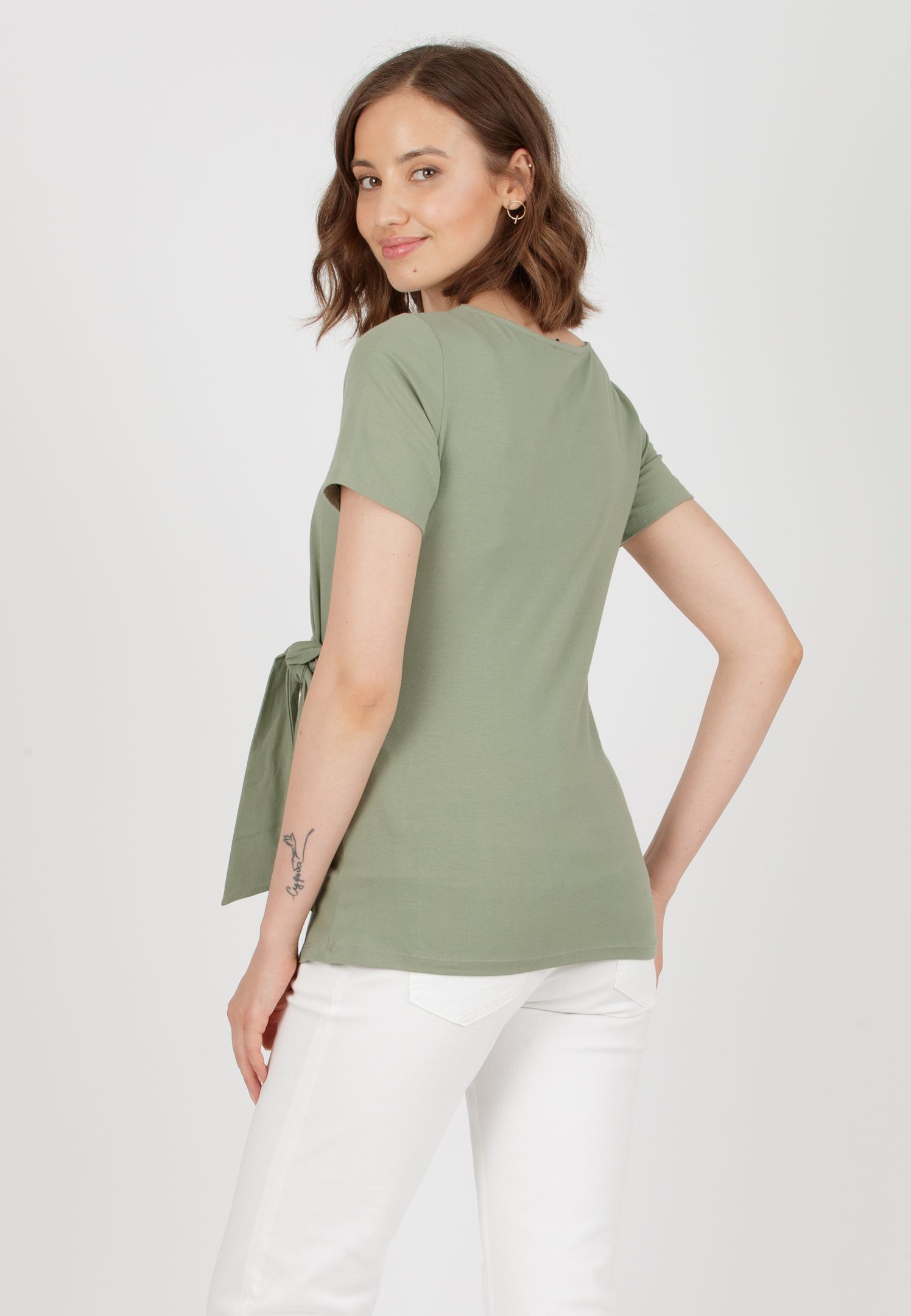 KAREN M - T-Shirt Premaman in Jersey di Cotone con Nodo Laterale (Verde Militare, XS)