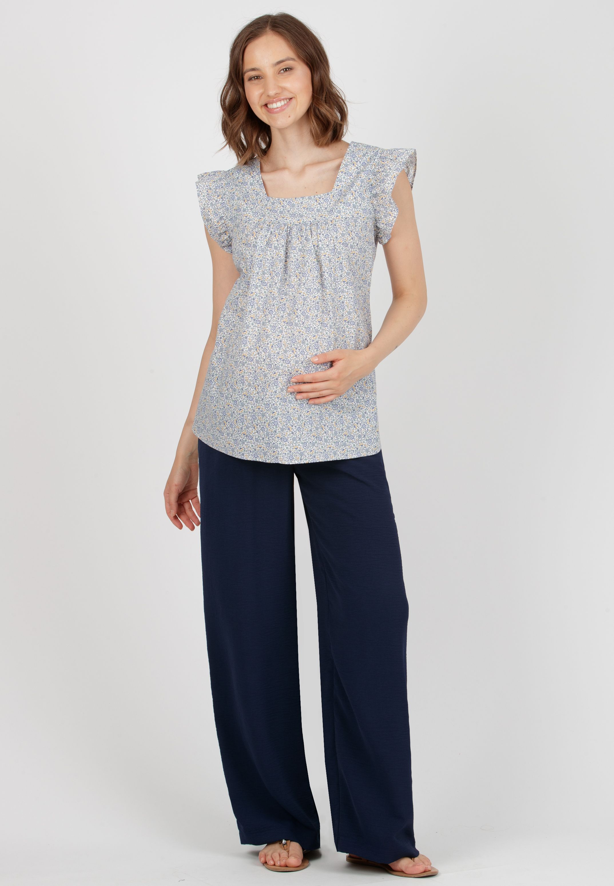 INES - Pantalone Premaman Fluido con Vita Bassa (Blu)